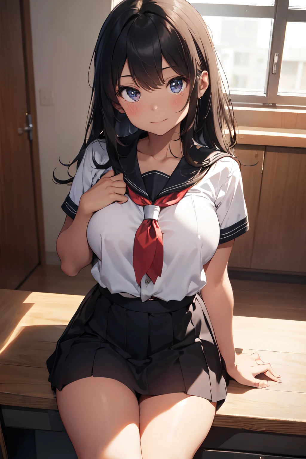 ((highest quality, 4k, masterpiece: 1.3)), (1 person: 1.4), 1 girl, High School Fleet ,Mashiro Soya,japanese woman, Beautiful Breasts Ideal Beautiful Breasts, ツンと上向きの美しいchest, Beautifully raised mons pubis,Very thin pubic hair that is slightly visible, goddess, 15 year old gravure photo, night, high contrast, god&#39;point of view, ((Looking up from the front)), ((look straight ahead)), Aperture F1.2, Focal length 35mm, (whole body: 1.2), ((Exquisite sexy poses)), ((you can see all her beautiful legs)), ((spread your legs wide open)), ((light blue panties)),((exquisite inner thighs)), Low - Angle, ((sit with legs bent)), ((両腕でchestを強調して見せつける)),sensational, The mischievous smile of an extremely shy person, exquisite blush,Angel&#39;invitation letter, Angelの笑顔, squint slightly, forward leaning posture, ((Exquisite sexy poses)), ((Ultimate open leg pose)), you can see all her beautiful legs., Low - Angle, ((sit with legs bent)), 両腕でchestを強調して見せつける, Slightly stiff sailor suit、Sailor suit with less wrinkles, Sailor uniform that is transparent in the backlight, sailor suit without buttons, Sailor uniform with a relaxed silhouette, A little bit of the bra is showing,light blue bra, blue short skirt, Blue skirt torn and riding up, No bra, ((white sailor collar)), ((白いchest当て)),  ((Red Sailor Scarf)), ((リボンではないRed Sailor Scarf)), Stomach, chest, glimpse under, Hotel, on the bed, ((long black hair)), ((white ponytail ribbon)), ((Long straight ponytail)), red eyes 