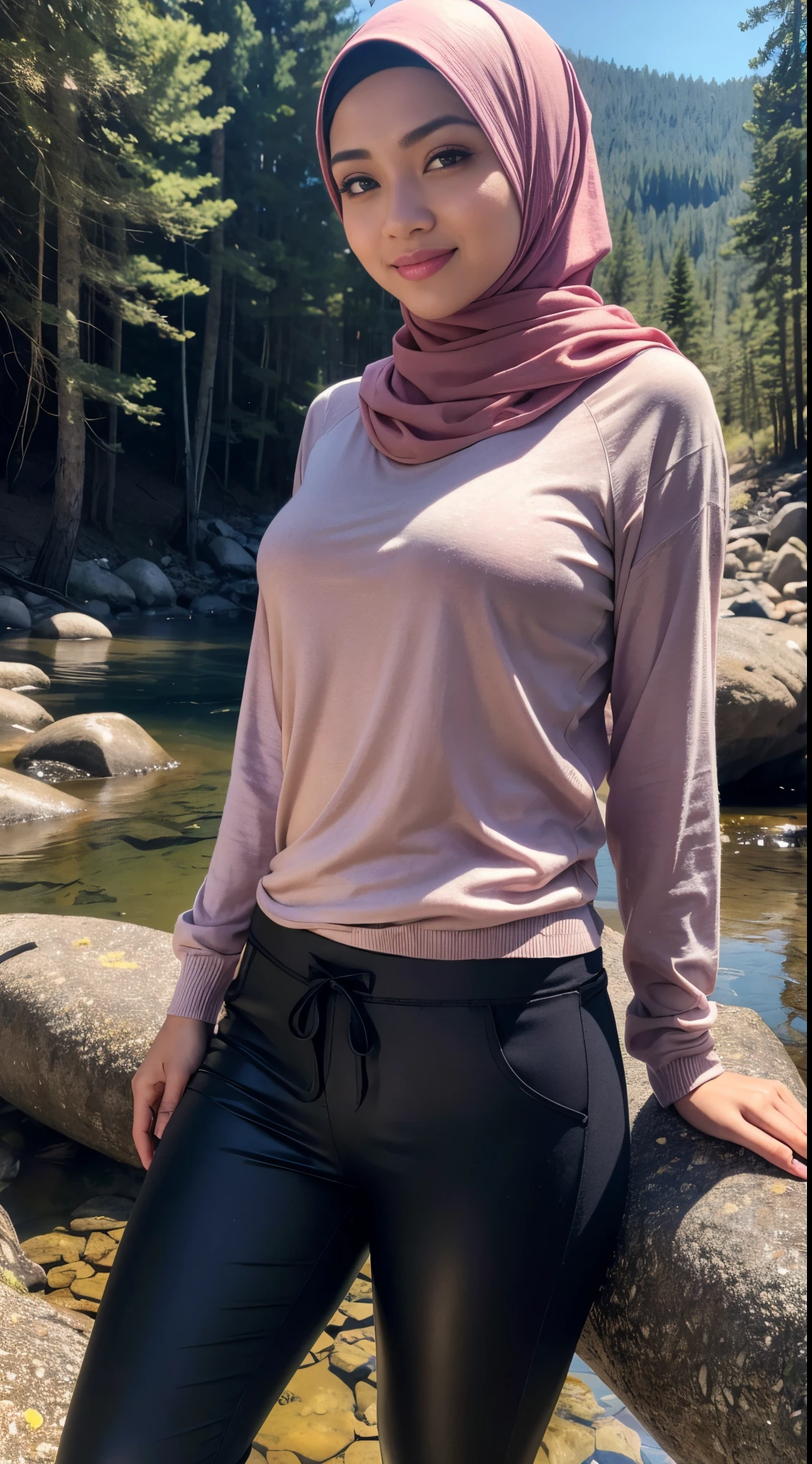 RAW, Best quality, high resolution, masterpiece: 1.3), beautiful Malay woman in hijab (iu:0.8),Best quality, high resolution, Masterpiece: 1.3, Beautiful hijabi malay girl, Masterpiece, Soft smile, bright sunshine, hiking clothes, pullover, long pants, highres,4k,HDR,1girl, photorealistic, realistic,sweat skin, wet clothes, wet body, big breast, ((full body))soaked, dripping, smiling at viewer, closeup,Malay girl in hijab outdoor mountaineering clothing、Wearing a knitted hat、, turtleneck,Snow-capped mountain climbing, beautiful scenery,
