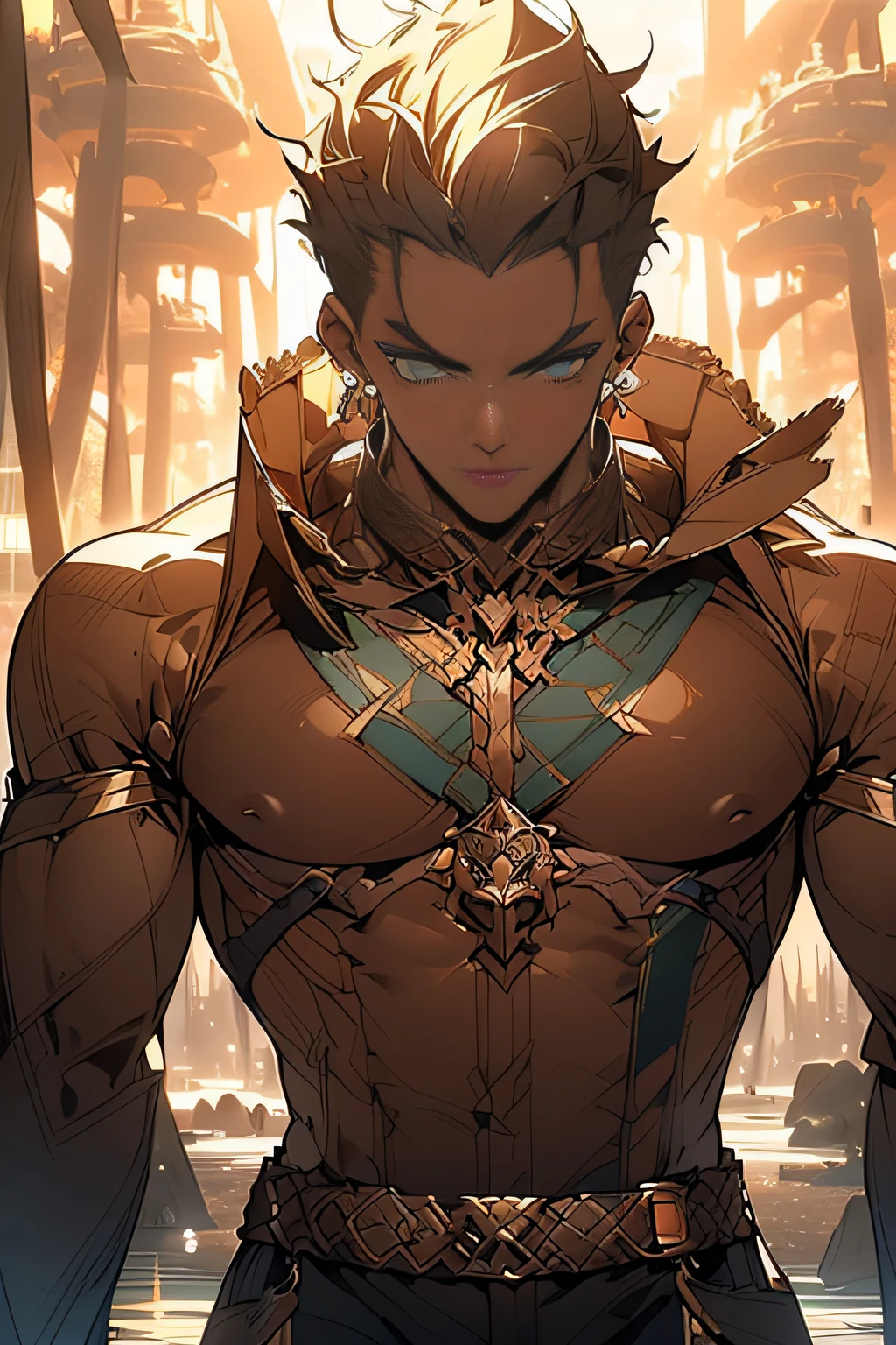 (1 young man, marked muscles, ((Aesthetic body)), bald beard, Cobalt blue hair, Short wavy hair, Masculine, attractive, Handsome teenager (Detailed face, Perfect face) ((Extremely realistic shadows, Masterpiece of art, extremely detailed , photorealistic), (()), Shirt, Muscular young man, (((Toned body, 87 kg))) Friendly expression, muscular, ((Good anatomy)), bulging pecs, muscular abs, brown tunic , open tunic, bare chest, narrow waist, black pants and cloth belt without buckle, blue eyes, big delicate eyes, wide open eyes ((detailed eyes)) swamp forest.
