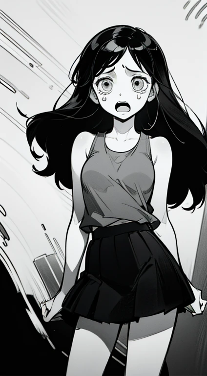 A woman with long black hair, white tank_top, black skirt, black background, crying, sadness, depression, expressionless, open mouth, bust shot, close-up, rough expressive lines, expressive lines, dark lines, dense lines, intense line work, masterpiece, best quality, super fine, extremely delicate and beautiful, black and white manga, black and white line drawing, inspired by dandadan, art style of dandadan, hand-drawn, character focus, extremely fine, looking at the viewer, (from front:1.4)