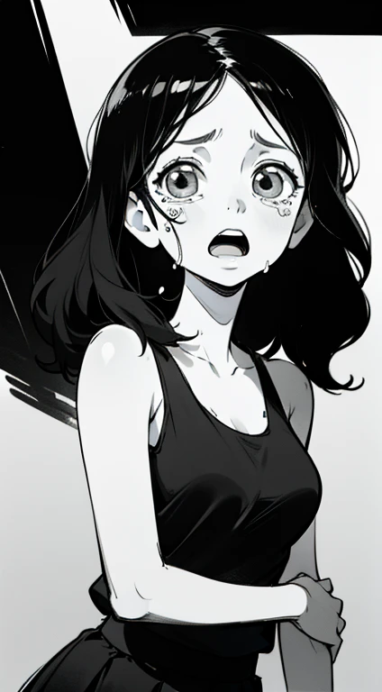 A woman with long black hair, white tank_top, black skirt, black background, crying, sadness, depression, expressionless, open mouth, bust shot, close-up, rough expressive lines, expressive lines, dark lines, dense lines, intense line work, masterpiece, best quality, super fine, extremely delicate and beautiful, black and white manga, black and white line drawing, inspired by dandadan, art style of dandadan, hand-drawn, character focus, extremely fine, looking at the viewer, (from front:1.4)