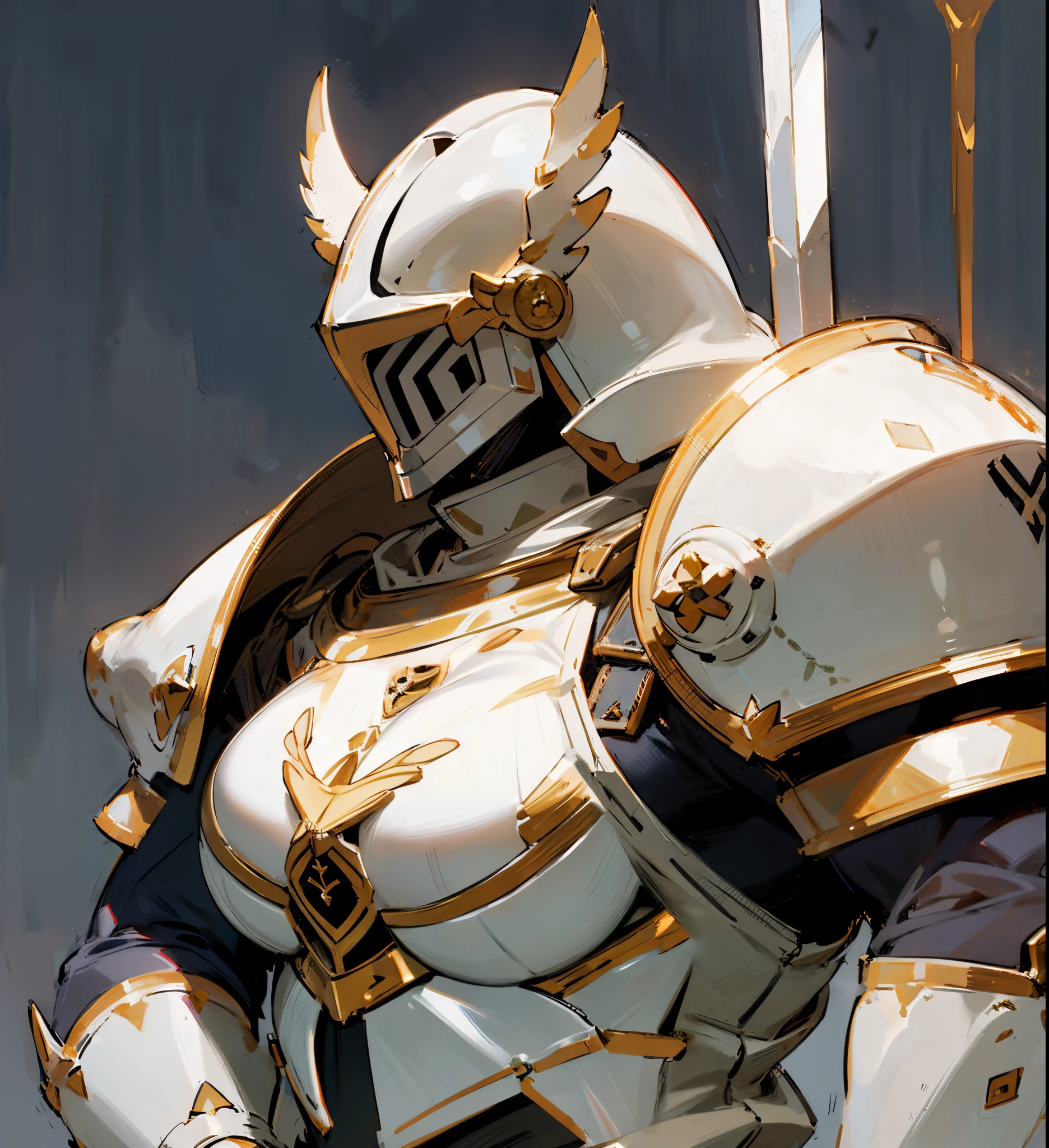 white-gold armor, breastplate, huge breasts