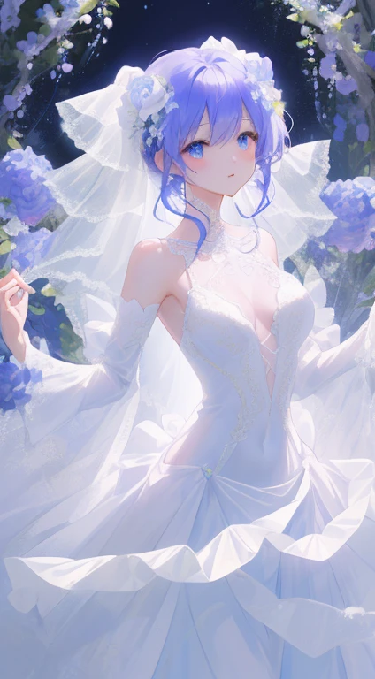 (top-quality、hight resolution、masterpiece)、There is a wedding dress with lights on the mannequin stand、A dream world where a beautiful woman wears that dress、((Fantastical))、 translucent dress, white royal dress, Elegant white dress, fantasy dress, Elegant dress, magical dress, romantic dress, intricate fantasy dress, complex white dress, Wearing a beautiful white, lady dress with glowing flowers, ethereal and dreamy, dream style, White Dress, embroidery, Backlight、amazing splash、Luminous、