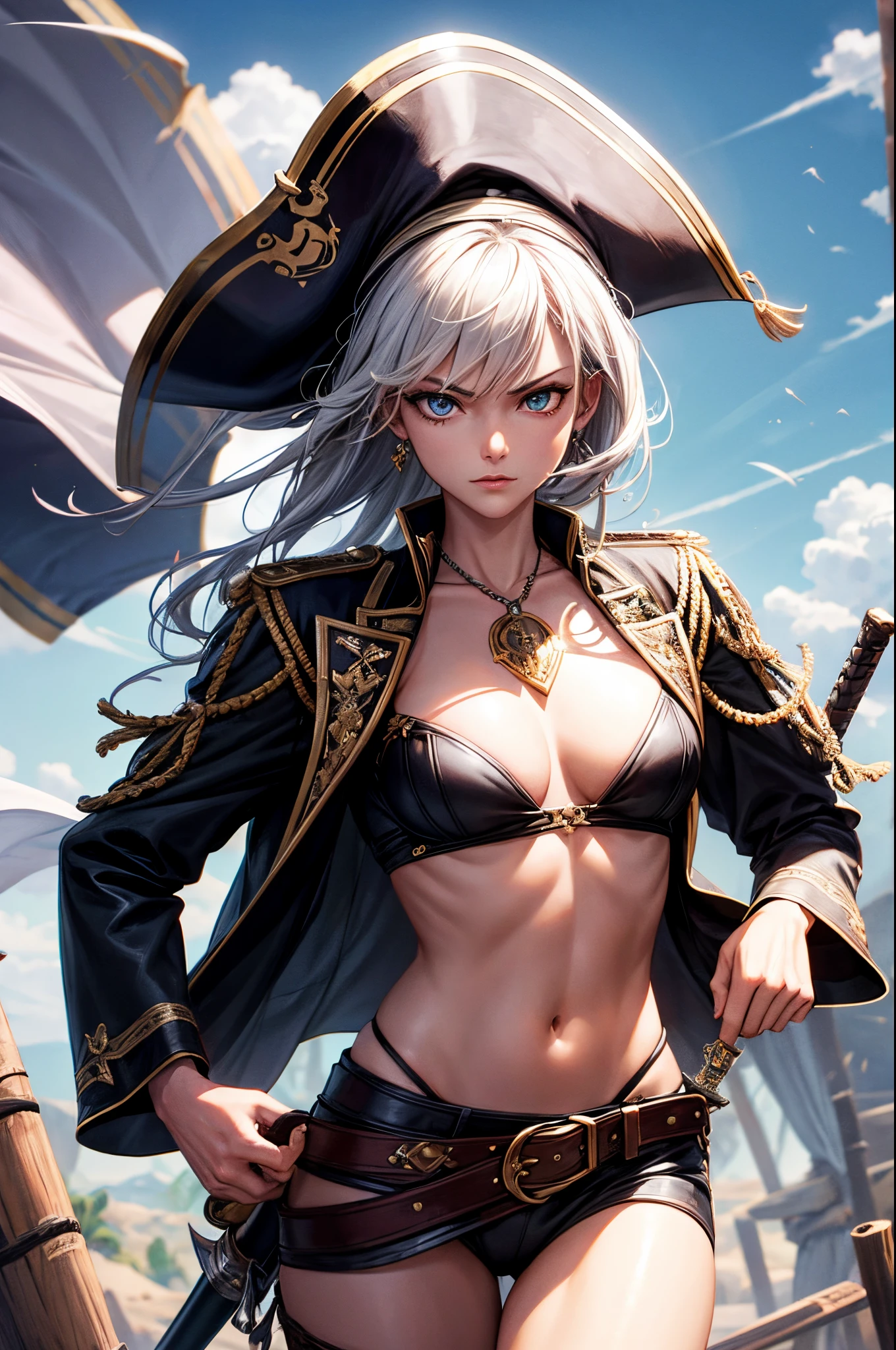 cool awesome swordman, royal looking, western style, female, pirate clothes, sexy, masterpieces, 16k HD, extreme eye and body detail, ultra lighting
