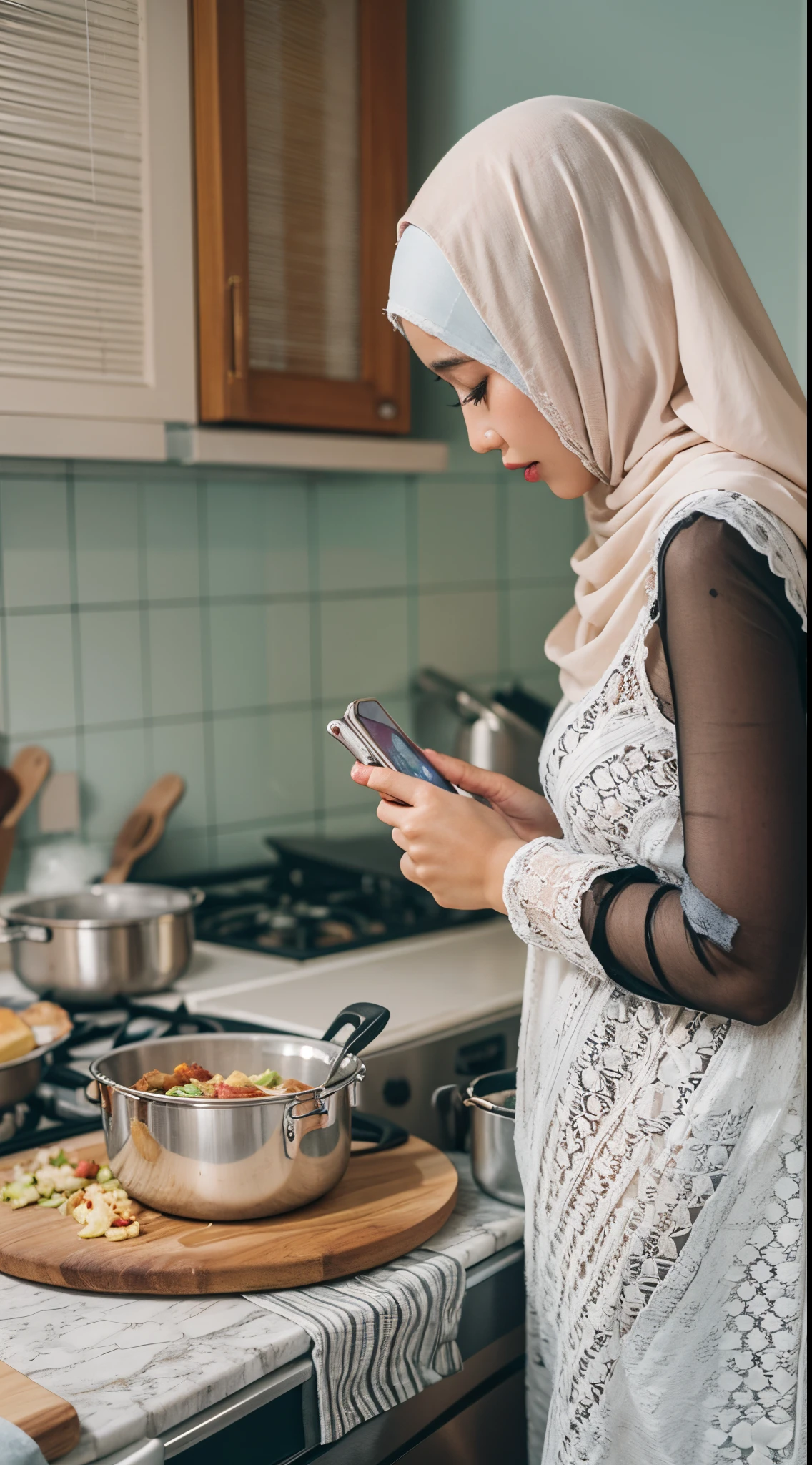 A Muslim woman watch her cellphone when she cooks at kitchen , detail,photograph, no bra, no underwear,