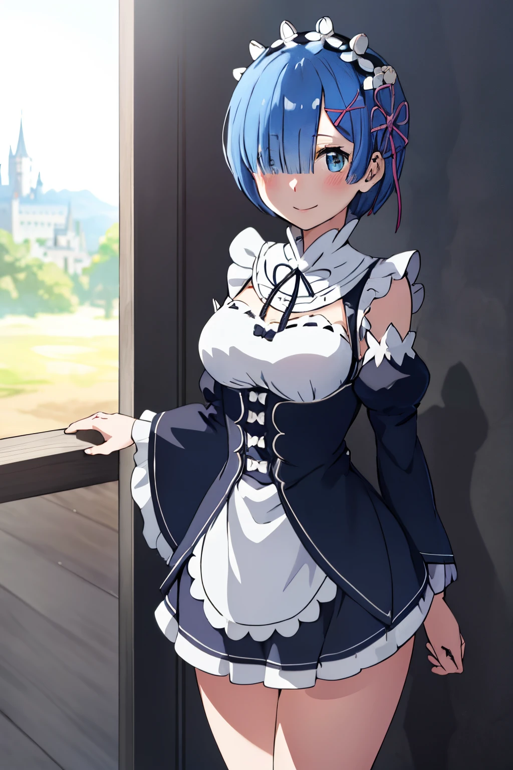 blue hair, short hair,rem \(re:zero\), [smile],1girl,alone, blush, castle,, masterpiece, best quality, perfect lighting, 1girl, skirt, medium breasts, medium waist, wide hips, wide thighs