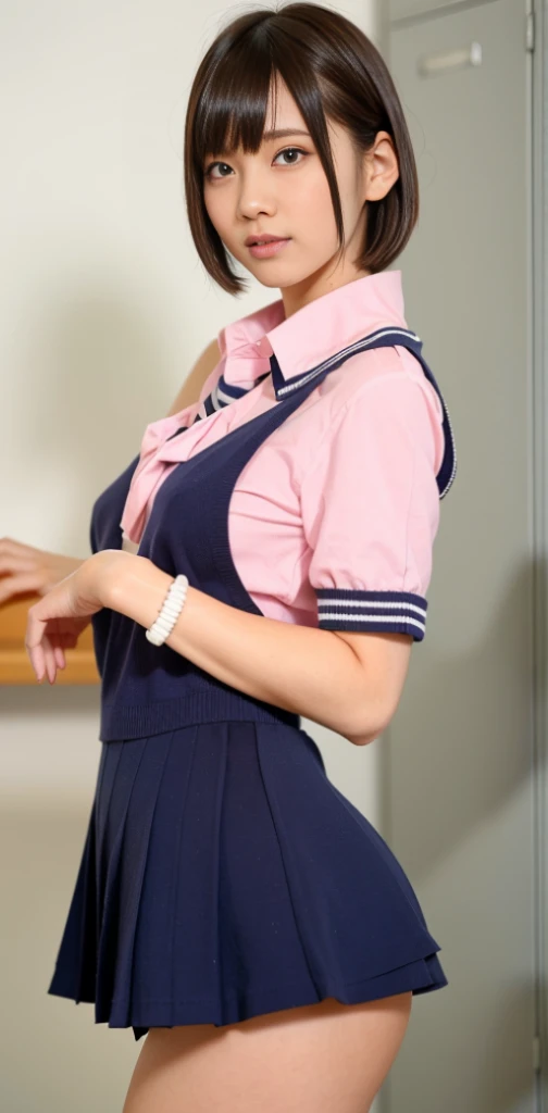 (Gacky:0.7), Uniform Cosplay、Uniform Cosplayer Shorthair、back arms、Predecessor Wan、frontal face、slenderbody、Standing、(8k、RAW Photography、top-quality、masterpiece:1.2)、(realisitic、photoRealstic:1.37)、ultra-detailliert、(Detailed Beautiful Girl:1.4)、女の子 1 人、FULL BODYSHOT、