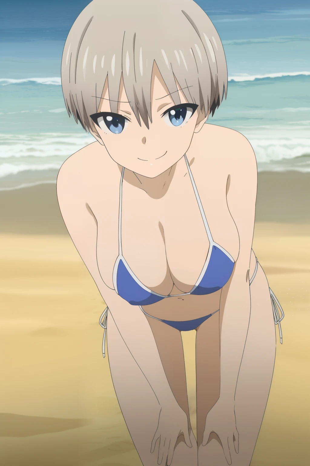 1girl,oh®́is it±,short hair,blue eyes,bangs,grey hair,hair between eyes, (huge, massive breasts:1.2,),nsfw, small blue bikini, santa,, Exquisite visuals, high-definition,masterpiece,best quality, looking at viewer, smirk, beach background, sexy bent down pose, detailed shading, detailed lighting