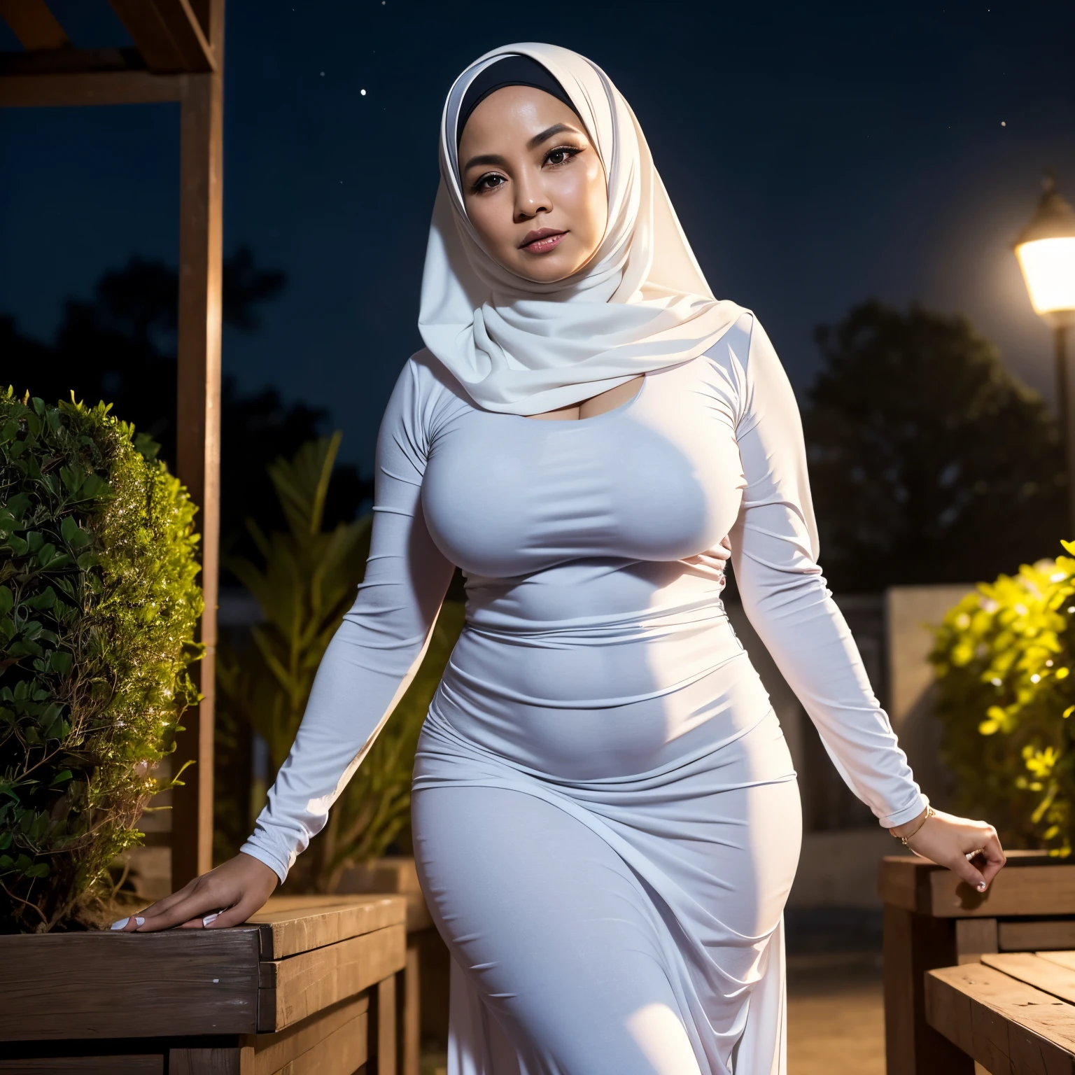 1woman,48 years old, Beautiful Hijab Indonesian Mature Woman, Wearing Gamis, Gigantic Tits : 16.9, Full body, Curvy body, Tight Clothes, Hard Nipple Through, At Balcony Hotel, Night Lightning, Looking at Shooting star, Nikon D7000, Candid shot, 1200mm contact f4