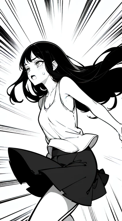 A woman with long black hair, white tank_top, black skirt, black background, crying, sadness, depression, expressionless, open mouth, bust shot, close-up, rough expressive lines, expressive lines, dark lines, dense lines, intense line work, masterpiece, best quality, super fine, extremely delicate and beautiful, black and white manga, black and white line drawing, inspired by dandadan, art style of dandadan, hand-drawn, character focus, extremely fine, looking at the viewer, (from front:1.4)