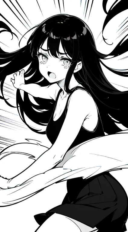 A woman with long black hair, white tank_top, black skirt, black background, crying, sadness, depression, expressionless, open mouth, bust shot, close-up, rough expressive lines, expressive lines, dark lines, dense lines, intense line work, masterpiece, best quality, super fine, extremely delicate and beautiful, black and white manga, black and white line drawing, inspired by dandadan, art style of dandadan, hand-drawn, character focus, extremely fine, looking at the viewer, (from front:1.4)