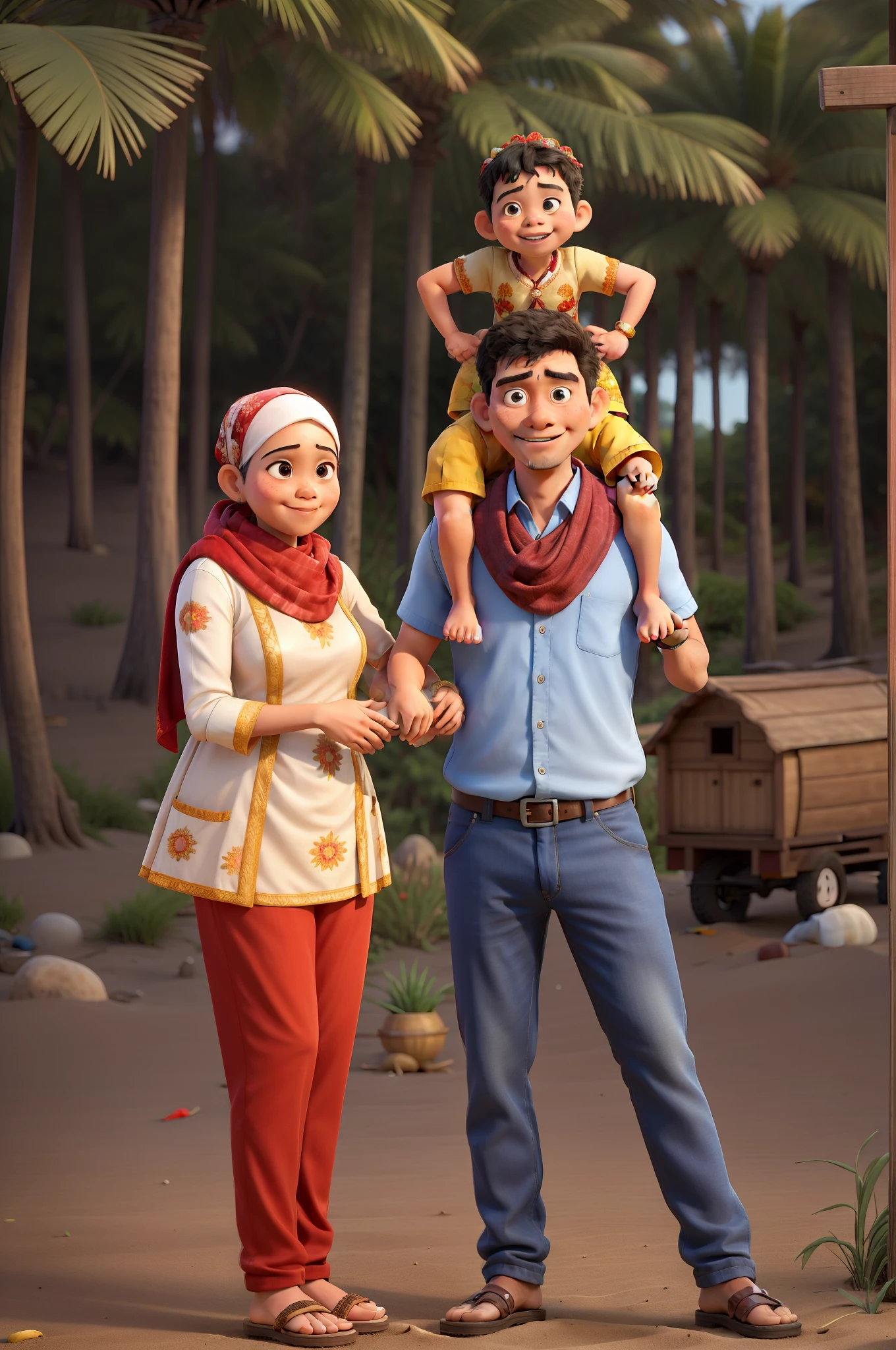 there are two people standing with a child on their shoulders, an indonesian family portrait, happy family, family, on beach, husband wife and son, on stilts, with a kid, barong family, photoshot, wearing traditional garb, full protrait, profesional photography, wearing authentic attire, casual photography, slide show, high quality upload, hijab