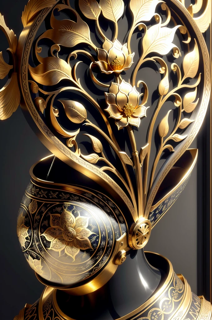 There is a metal flower tree sculpture,hollowed out,it has flowers and leaves on it, Decorative style, Detailed golden brush strokes, metal art, Gold and steel are complicated, Ultra-fine line decoration, with intricate detail, with intricate detail, sun light, be full of details, Wall of art, Stunningly detailed, Intricate art deco leaf design, gold flowers, metalworking, with intricate detail