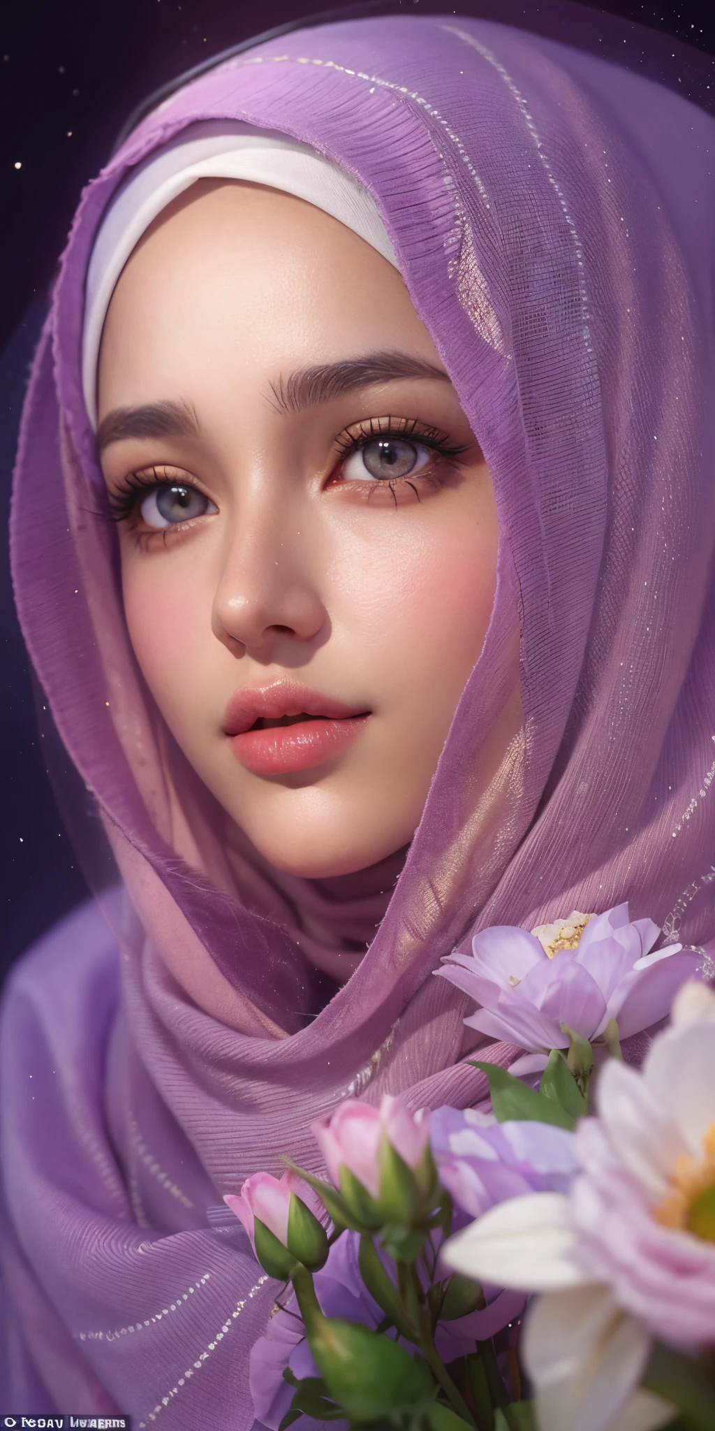 realistic, 1girl, white hijab, purple eyes, glowing eyes, hijab, jubba thobbe, parted lips, blush, night, flowers, sun, sunlight,