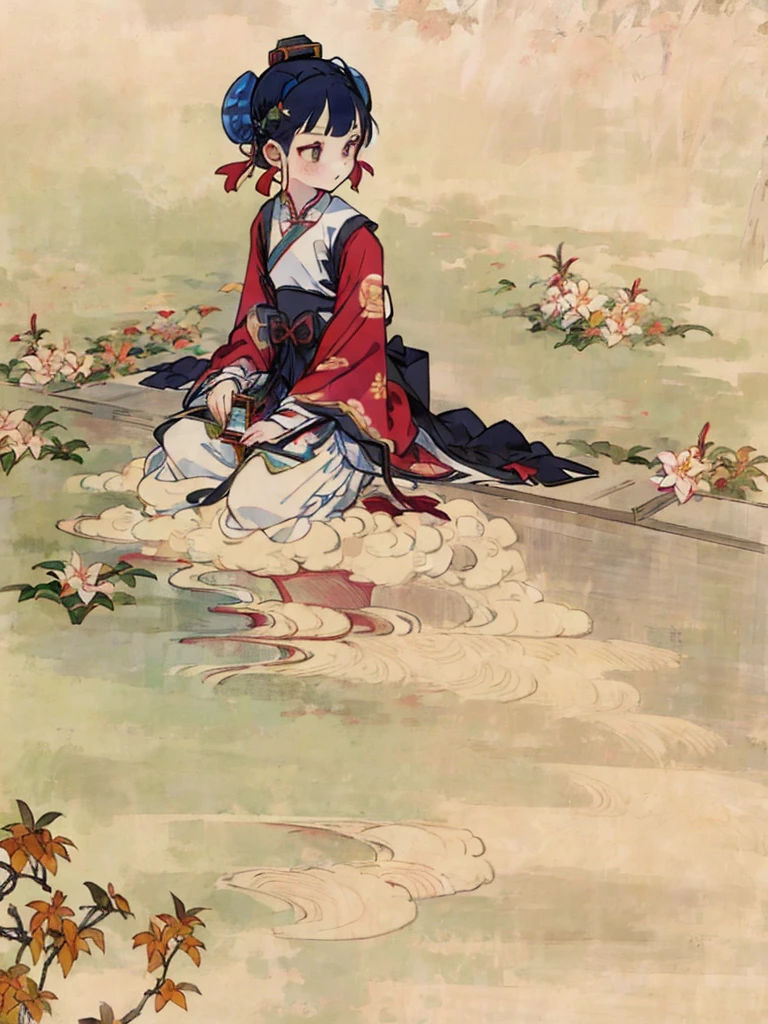 A two-dimensional  sat on the ground，Straighten your legs，Drawing with ink pen in hand，Wearing Lingnan blue ancient costume，There are frangipani patterns on the clothes，Innocent and adorable，planar