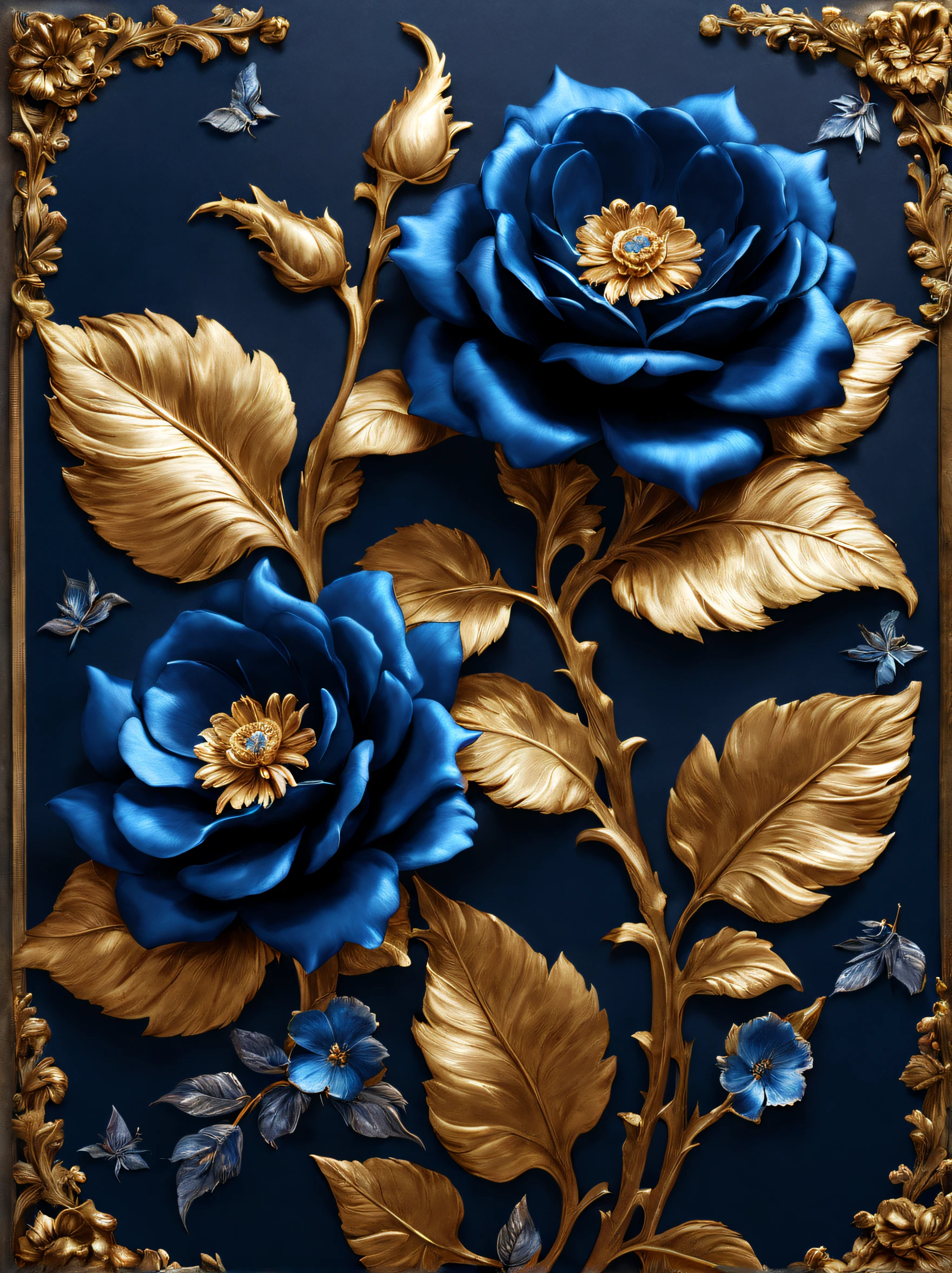 (Blue temptation rose poster made of metal）, Each metallic blue enchantress flower has cascading petals， Blue shells，Rich metallic texture，they are dark blue，Like the night sky and the deep sea，Has an attractive metallic luster，silver leaf made of platinum，gaps between petals，Capturing light and shadow, gold flowers, helianthus flowers, golden rose, flowers and gold, (Gold-plated embossing: 1.5), 
Detailed flower, Gorgeous flowers,,intricate flowers, Messy golden leaf flowers, 8K detailed oil painting, Stunning and detailed, gilded. flowers blooming, baroque element, Fine workmanship，retro punk style background：blue velvet cloth，It gives a feeling of nobility、mystical feeling。