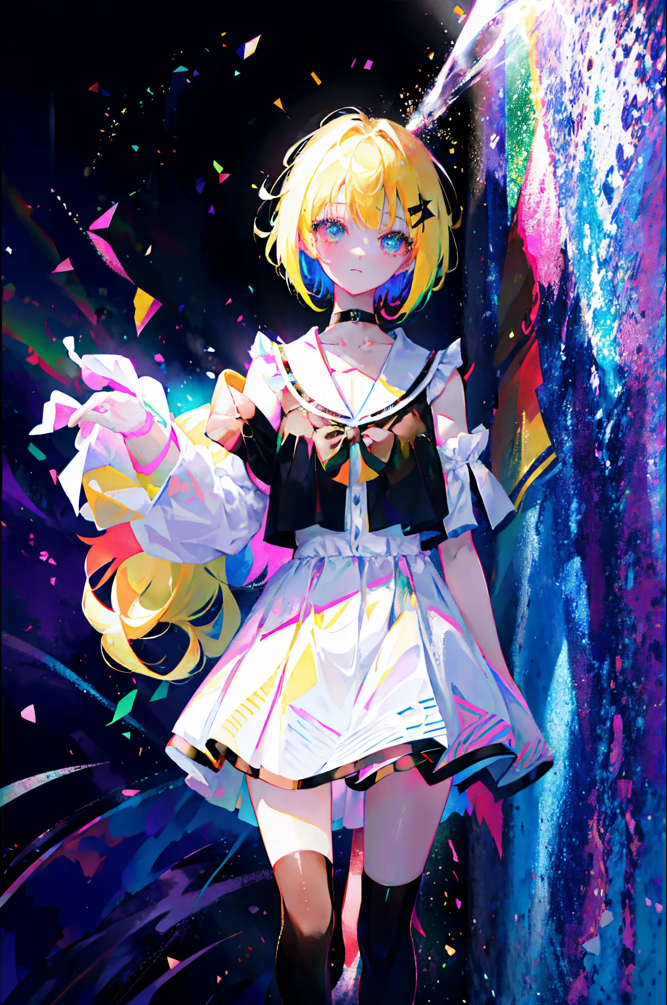 Rainbow on background、Irridescent color、colourfull、top-quality、超A high resolution、(Photorealsitic:1.4)、Female 1 Person、Sleeveless white buttoned shirt、Black skirt、Black Choker、cute little、(Kpop Idle)、(attractiveness:1)、(Platinum Blonde Hair:1)、((Puffy eyes))、Look at the viewer、full body Esbian、Facing the front