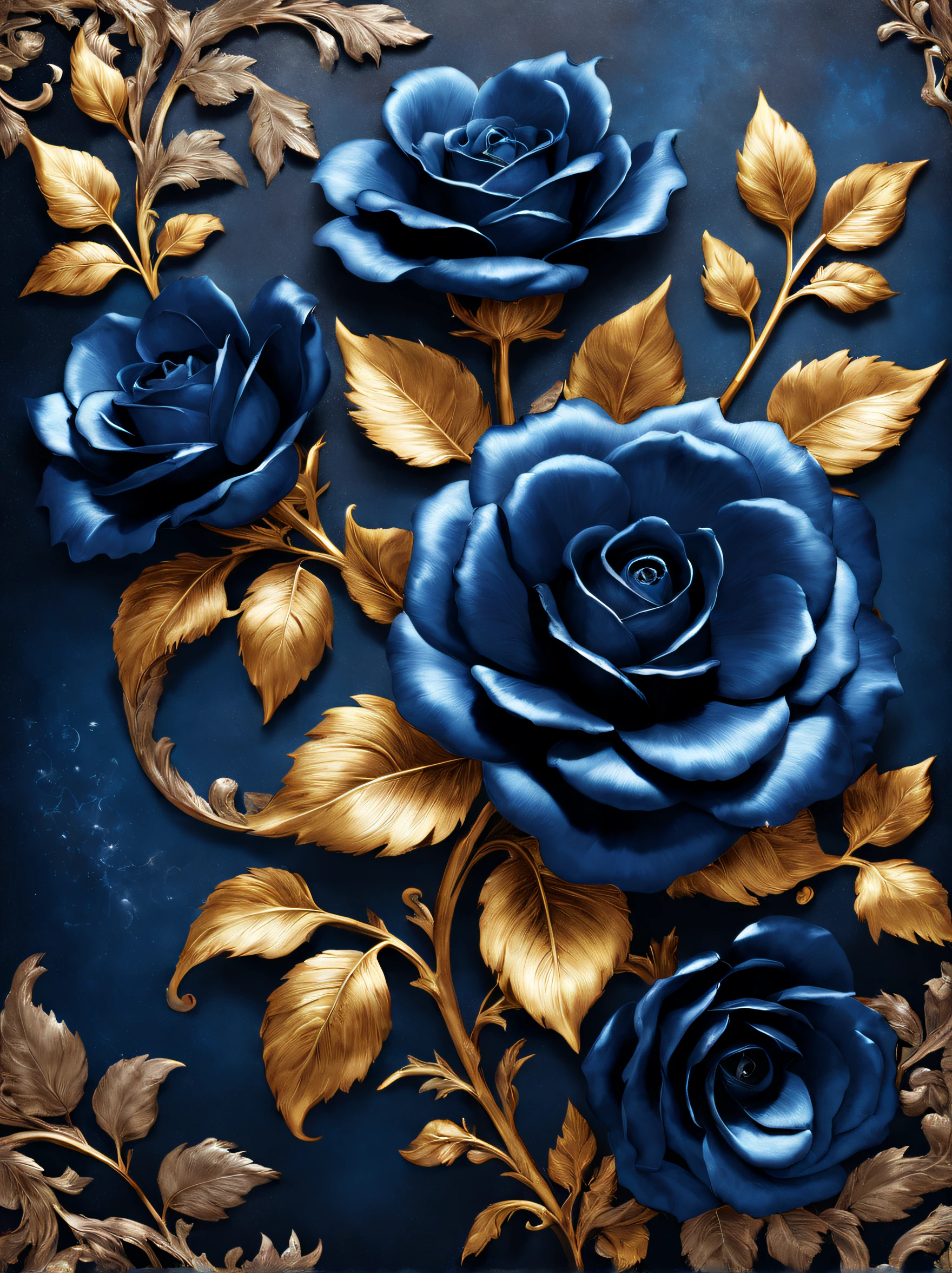 (Blue temptation rose poster made of metal), Each metallic blue enchantress flower has cascading petals, Blue shells,Rich metallic texture,they are dark blue,Like the night sky and the deep sea,Has an attractive metallic luster,silver leaf made of platinum,gaps between petals,Capturing light and shadow, gold flowers, helianthus flowers, golden rose, flowers and gold, (Gold-plated embossing: 1.5),
Detailed flower, Gorgeous flowers,,intricate flowers, Messy golden leaf flowers, 8K detailed oil painting, Stunning and detailed, gilded. flowers blooming, baroque element, Fine workmanship,retro punk style background:blue velvet cloth,It gives a feeling of nobility、mystical feeling。
