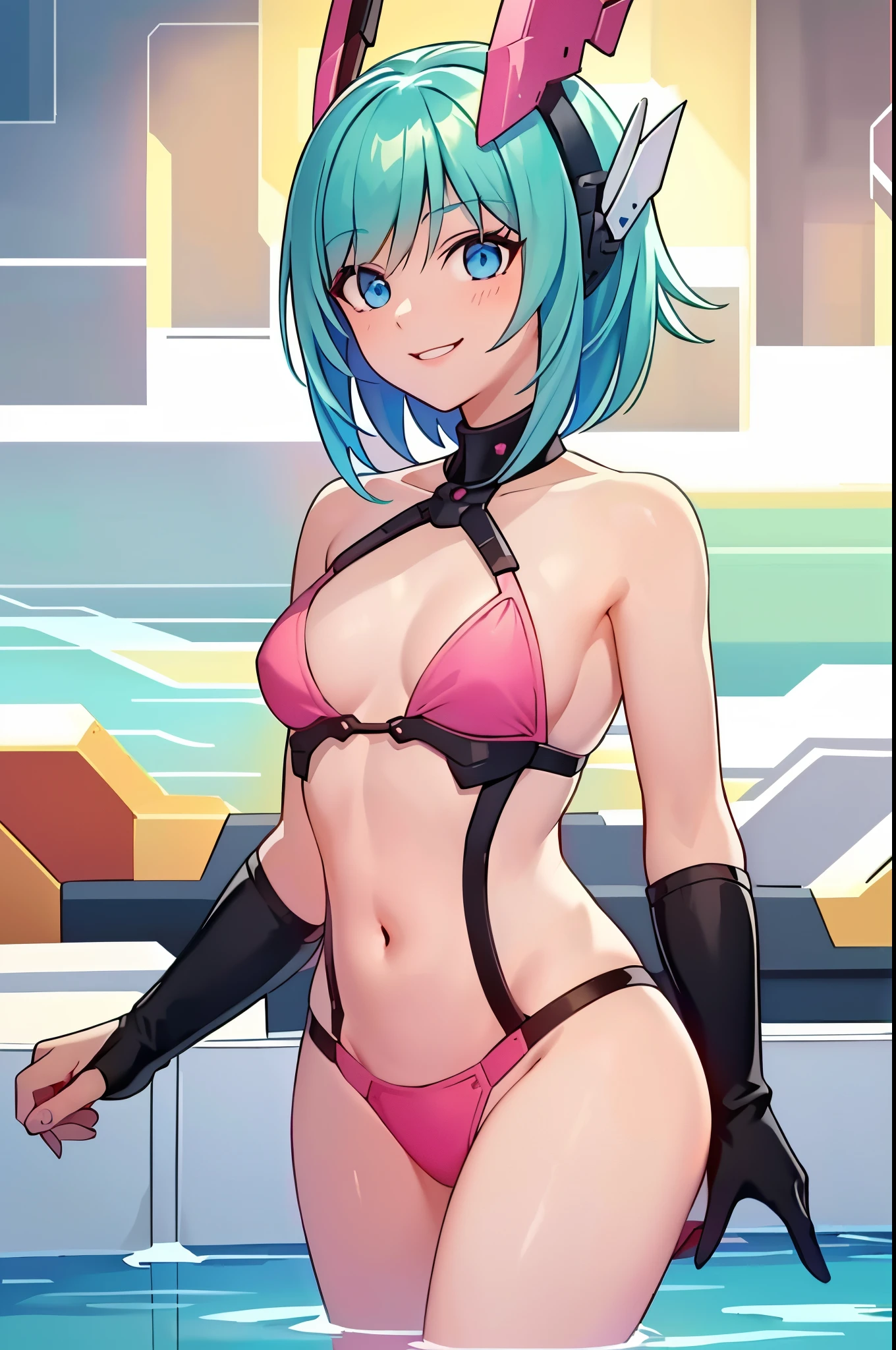 (best quality,4k,8k,highres,masterpiece:1.2),ultra-detailed,beautiful detailed eyes,beautiful detailed lips,extremely detailed eyes and face,longeyelashes,portraits,pink bikini,green hair, short hair,blue eyes,red mecha headgear,small breasts,smiling,piscina,sharp focus,vivid colors, full body in frame