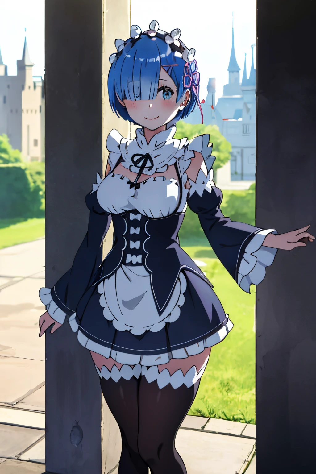 blue hair, short hair,rem \(re:zero\), [smile],1girl,alone, blush, castle,, masterpiece, best quality, perfect lighting, 1girl, skirt, medium breasts, medium waist, wide hips, wide thighs