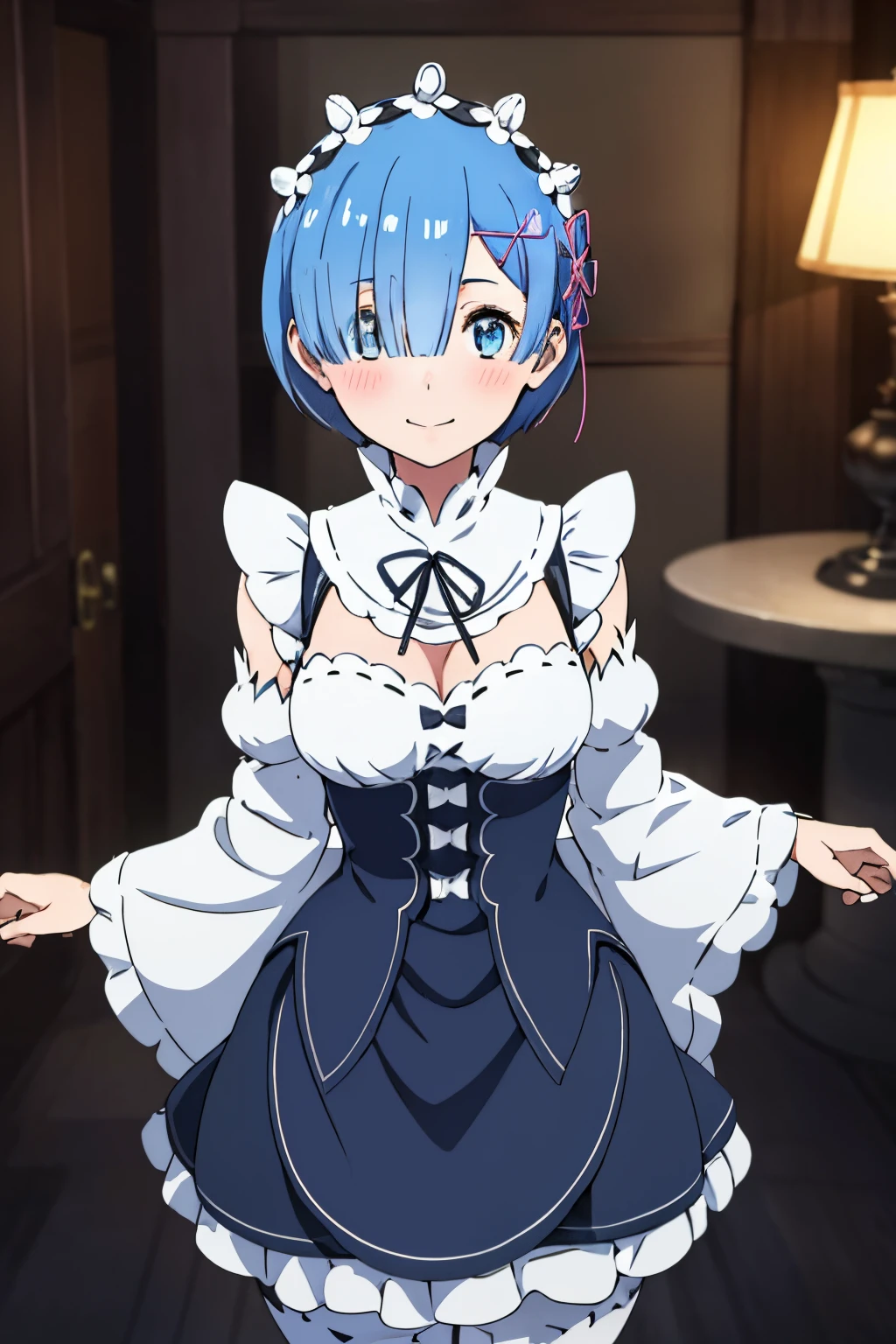 1girl,solo,rem (re:zero),blue hair,x hair ornament,short hair,hair ornament,blue eyes,maid,looking at viewer,ribbon,maid headdress,long sleeves,dress,roswaal mansion maid uniform,smile,hair ribbon,breasts,puffy sleeves,frills,apron,bangs,closed mouth,black ribbon,pink ribbon,blush,medium breasts,black dress,juliet sleeves,flower,hair between eyes,red ribbon,waist apron,traditional media, giving middle finger