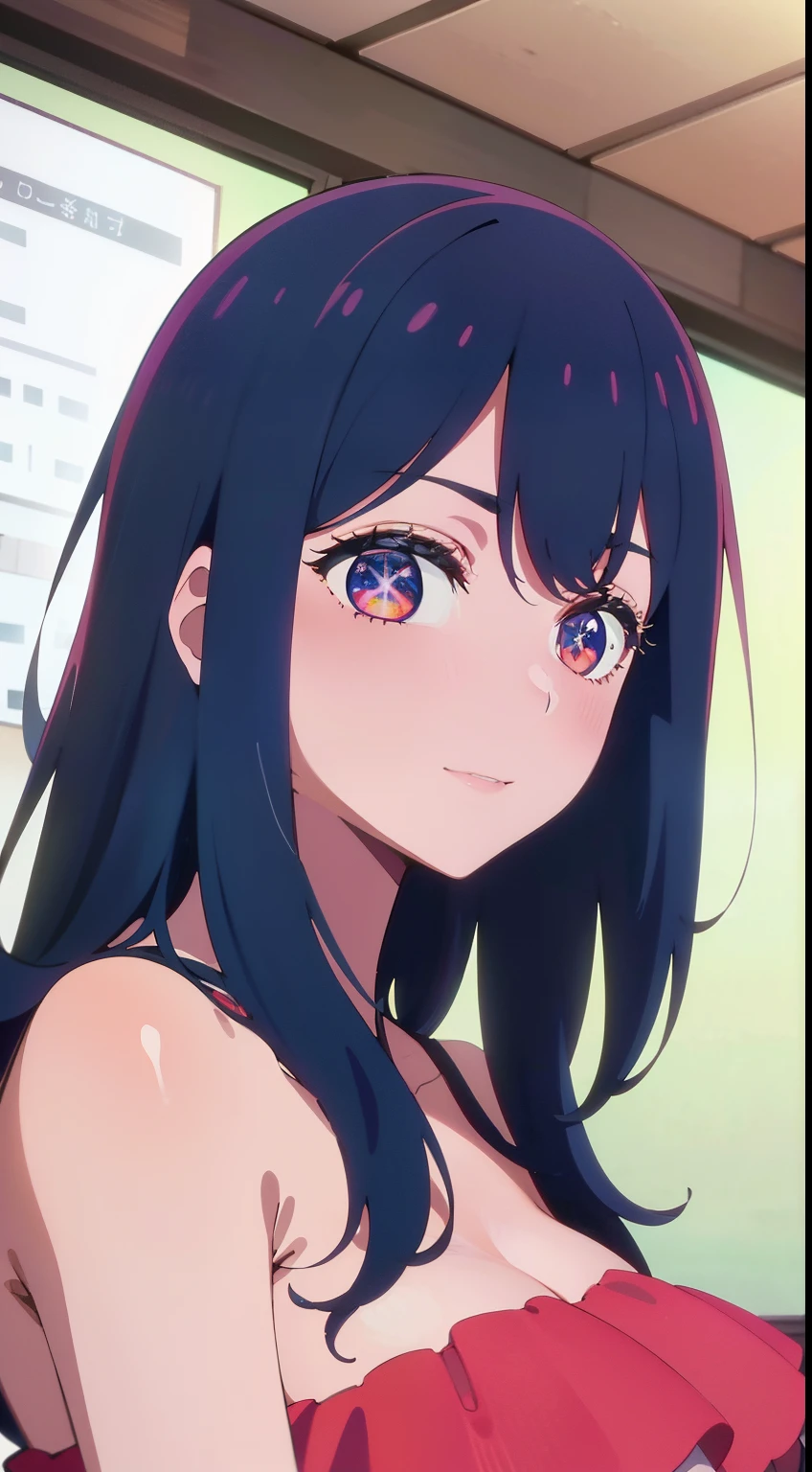 masterpiece, perfect lighting, (beautiful, best quality:1.3), perfect eyes, absurdres, 8k,
1girl, solo, (absurdres), finely detail,  smile, 
<lora:Mini Yaemori V1:0.7>, mini_yaemori, long hair, (red eyes:1.2), [black hair: blue eyes, :0.5],  multicolored hair, blue hair, bangs,
cute, bikini, (red bikini:1.2)