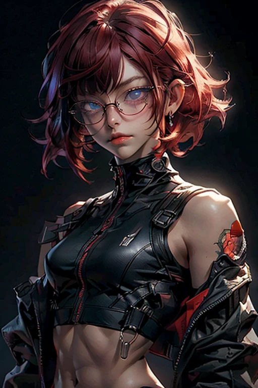 1nerdy girl with glasses, 28yo, Pia bangs hairstyle, (fringe cut bangs hairstyle), (The forehead is hidden by bangs), (((red hair))), ((boyish)), ((pony tail)), asymmetrical hair, (((black-rimmed round glasses))), ((beautifully detailed face)), long eyelashes, (Beautiful detailed eyes), (sharp eyes), Bright pupils, (Blue eyes), Fine eye makeup, (evil Smile), ((black frame glasses)), cyberpunk style, long black open jacket, street fashion, sport pants, (Solo), (Suggestive Pose), (cinematic angle), Full Body Shot, perfect anatomy, slender, small bust, cleavage, abs, (thin waist), muscular body, collarbone, (high detailed skin), ((top-quality)), ((High Definition)), ((beautiful detailed)), high quality shadow, Rule of thirds, mostly cloudy sky, ((official art)), anatomically correct, (((Best Quality))), (((masterpiece))), (((Super Detail)))