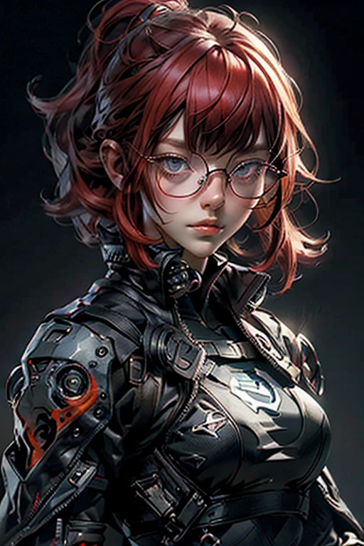 1nerdy girl with glasses, 28yo, Pia bangs hairstyle, (fringe cut bangs hairstyle), (The forehead is hidden by bangs), (((red hair))), ((boyish)), ((pony tail)), asymmetrical hair, (((black-rimmed round glasses))), ((beautifully detailed face)), long eyelashes, (Beautiful detailed eyes), (sharp eyes), Bright pupils, (Blue eyes), Fine eye makeup, (evil Smile), ((black frame glasses)), cyberpunk style, long black open jacket, street fashion, sport pants, (Solo), (Suggestive Pose), (cinematic angle), Full Body Shot, perfect anatomy, slender, small bust, cleavage, abs, (thin waist), muscular body, collarbone, (high detailed skin), ((top-quality)), ((High Definition)), ((beautiful detailed)), high quality shadow, Rule of thirds, mostly cloudy sky, ((official art)), anatomically correct, (((Best Quality))), (((masterpiece))), (((Super Detail)))