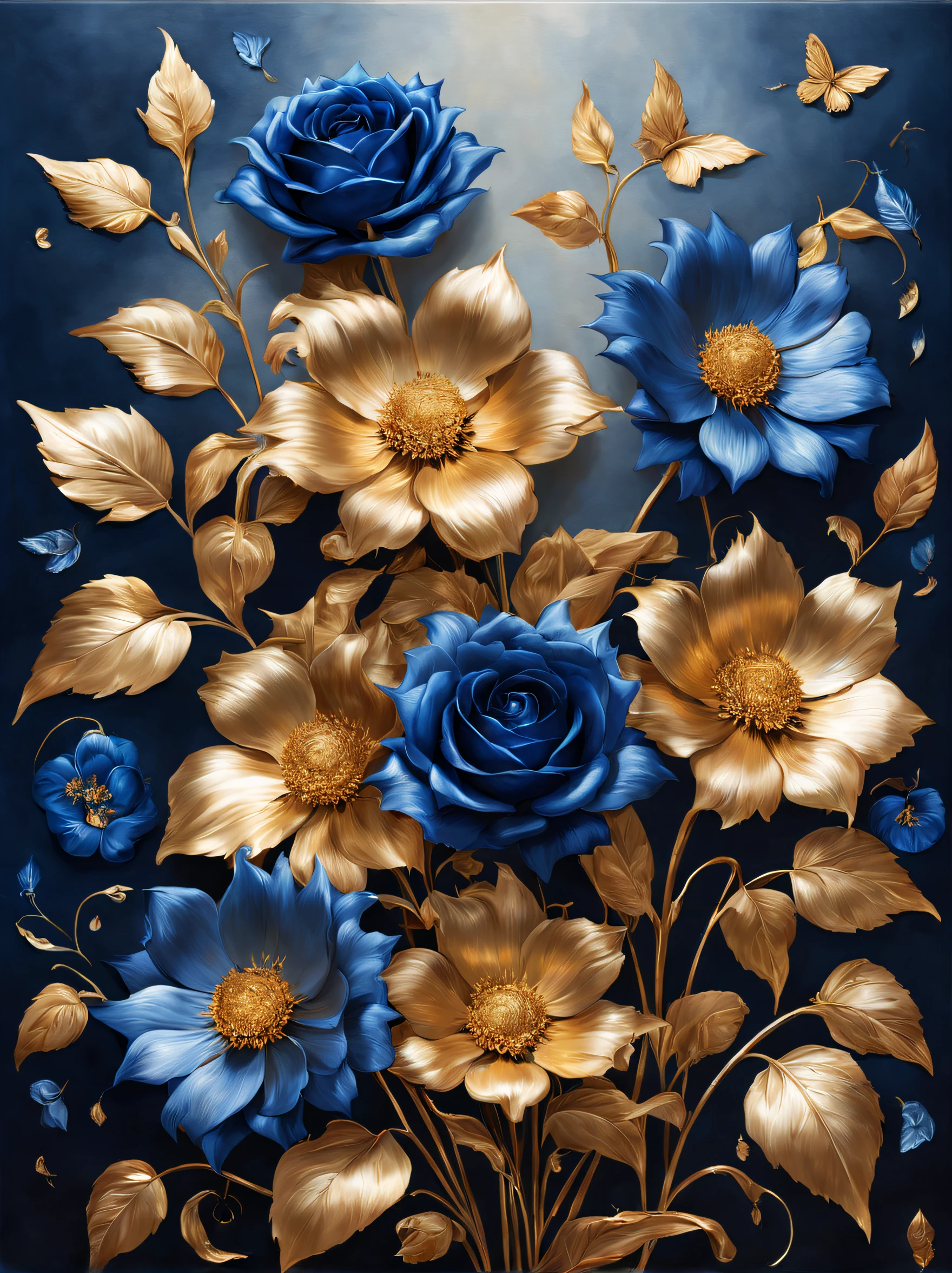 Creative advertising，， (Close-up of Valentine&#39;s Day&#39;Valentine's Day poster，There are many blue enchantress roses made of metal）, Each metallic blue enchantress flower has cascading petals，Rich metallic texture。they are dark blue，Like the night sky and the deep sea，Has an attractive metallic luster，gaps between petals，like a game of light，Flowing gold and silver leaves capture light and shadow, gold flowers, helianthus flowers, golden rose, flowers and gold, (Gold-plated embossing: 1.5), Detailed flower, Gorgeous flowers, shell flower golden shell, intricate flowers, Messy golden leaf flowers, 8K detailed oil painting, Stunning and detailed, gilded. Blooming flowers, Flower Baroque elements, Intricate oil painting，It is characterized by fine workmanship，Glossy and cool，It gives a feeling of nobility、mystical feeling。