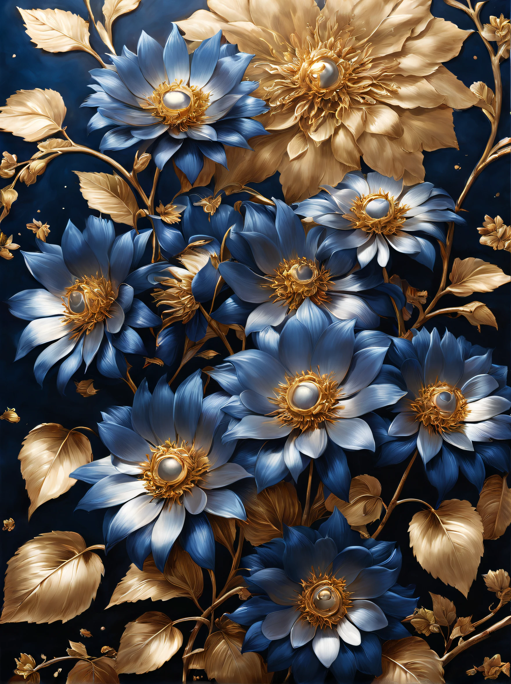 Creative advertising，， (Close-up of Valentine&#39;s Day&#39;Valentine's Day poster，There are many blue enchantress roses made of metal）, Each metallic blue enchantress flower has cascading petals，Rich metallic texture。they are dark blue，Like the night sky and the deep sea，Has an attractive metallic luster，gaps between petals，like a game of light，Flowing gold and silver leaves capture light and shadow, gold flowers, helianthus flowers, golden rose, flowers and gold, (Gold-plated embossing: 1.5), Detailed flower, Gorgeous flowers, shell flower golden shell, intricate flowers, Messy golden leaf flowers, 8K detailed oil painting, Stunning and detailed, gilded. Blooming flowers, Flower Baroque elements, Intricate oil painting，It is characterized by fine workmanship，Glossy and cool，It gives a feeling of nobility、mystical feeling。