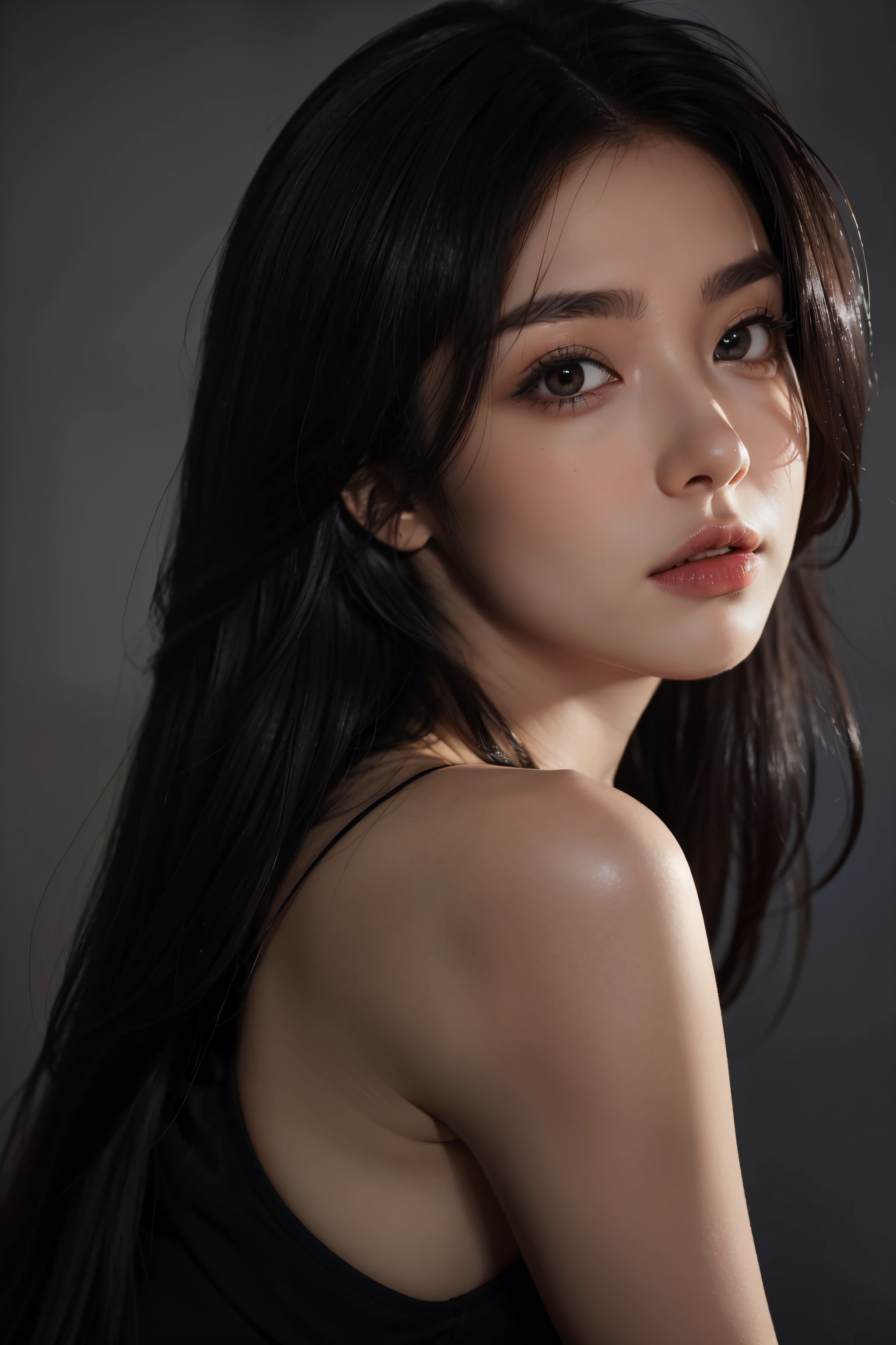 dark colored hair, big eyes, long eyelashes, gray eyes, tail, soft light, 8k, super realism