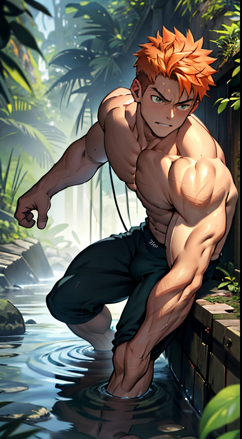 (masterpiece, Best quality 12 year old boy), 1 boy, adult, huge muscles, big body, Slightly modify the abdominal contour, Short blonde hair,brown eyes, complicated, Rainforest, Muscles sparkle in the sun,shirtless,Wearing underpants,outdoor adventure boots,pained expression,bite lip, bright colors,(depth of field:1.2),looking at the audience, sit on stone, huge hyper muscle, huge chest, visible bulge, penis bulge