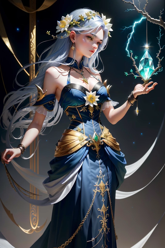 tmasterpiece,8k,high definition resolution,high qulity,Crafts made from twisted stranded alloy wire,gold flowers,Iron flower,Silver flower,metal tree branch,a crystal pendant,Emerald inlay,well-built,Perfect craftsmanship,Magic lightning background,blue lightning,There are fairies,ultra-realistic realism,beautiful magic fantasy,Epic Magic Digital Art