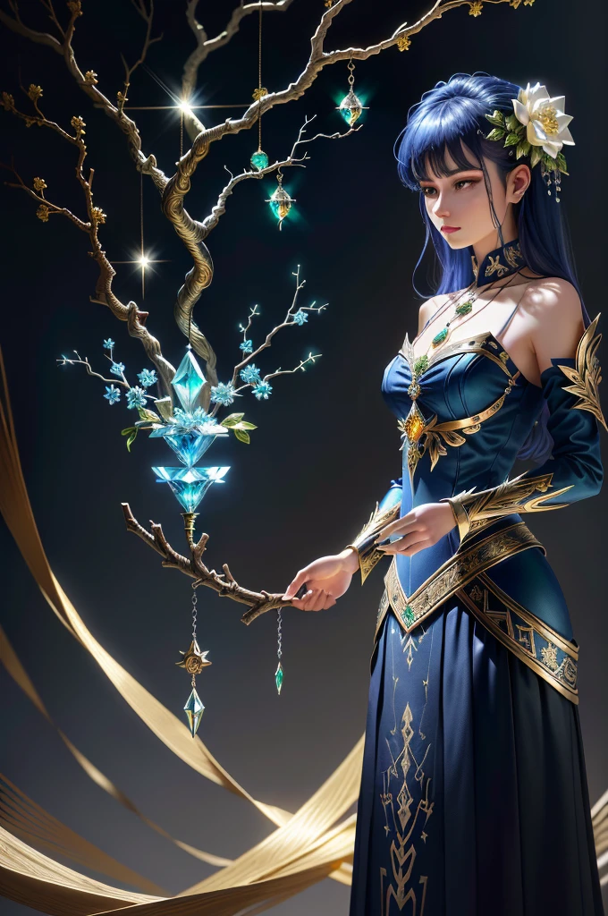 tmasterpiece,8k,high definition resolution,high qulity,Crafts made from twisted stranded alloy wire,gold flowers,Iron flower,Silver flower,metal tree branch,a crystal pendant,Emerald inlay,well-built,Perfect craftsmanship,Magic lightning background,blue lightning,There are fairies,ultra-realistic realism,beautiful magic fantasy,Epic Magic Digital Art