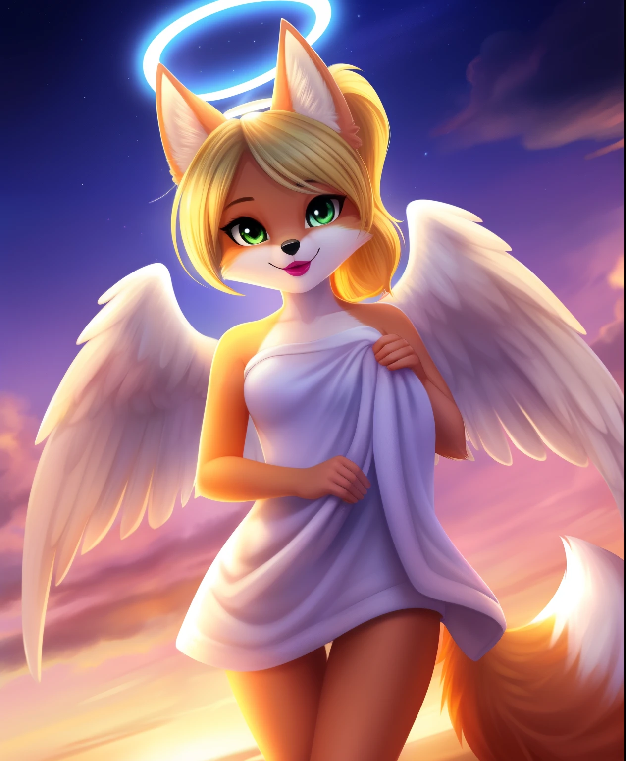 Female blonde anthro fox as an angel, pink ponytail hair, halo, white soft wings, holding a towel, pink shiny lipstick, flying in the atmosphere