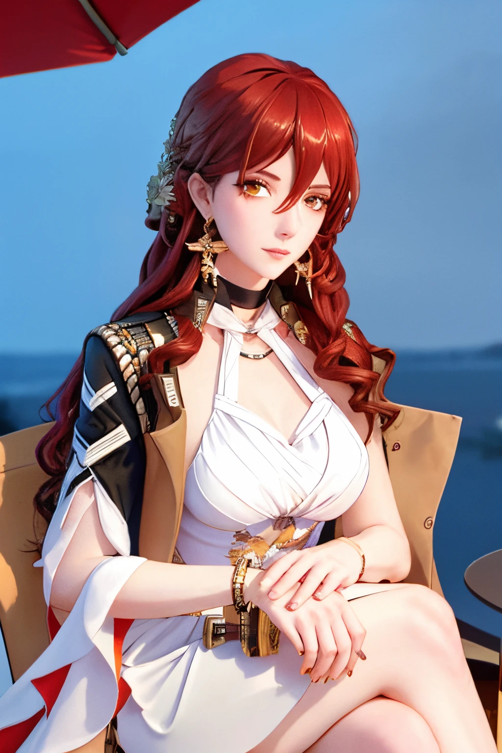 masterpiece, best quality, 1girl, head, official, yellow eyes, red hair, long hair, single earring, white dress, black jacket, outdoors,nightsky,chair,crossed legs, cowboy shot, looking at viewer,sitting, table,graceful,detailed eyes,(pureerosface_v1:0.5),side boob,hair hair between eyes, detailed background,looking at viewer,