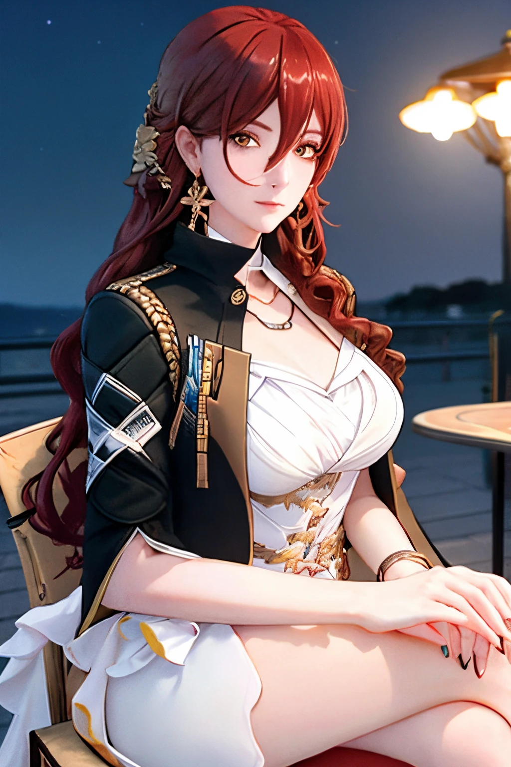 masterpiece, best quality, 1girl, head, official, yellow eyes, red hair, long hair, single earring, white dress, black jacket, outdoors,nightsky,chair,crossed legs, cowboy shot, looking at viewer,sitting, table,graceful,detailed eyes,(pureerosface_v1:0.5),side boob,hair hair between eyes, detailed background,looking at viewer,