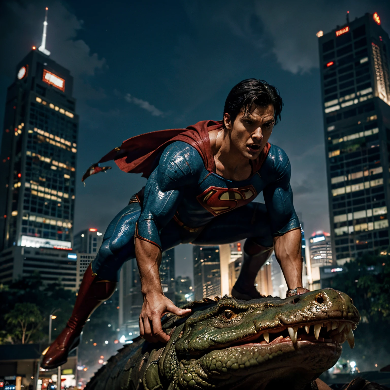 Superman's fierce fight against a giant crocodile in the middle of the bustling city of Jakarta. 4K quality, HD resolution.