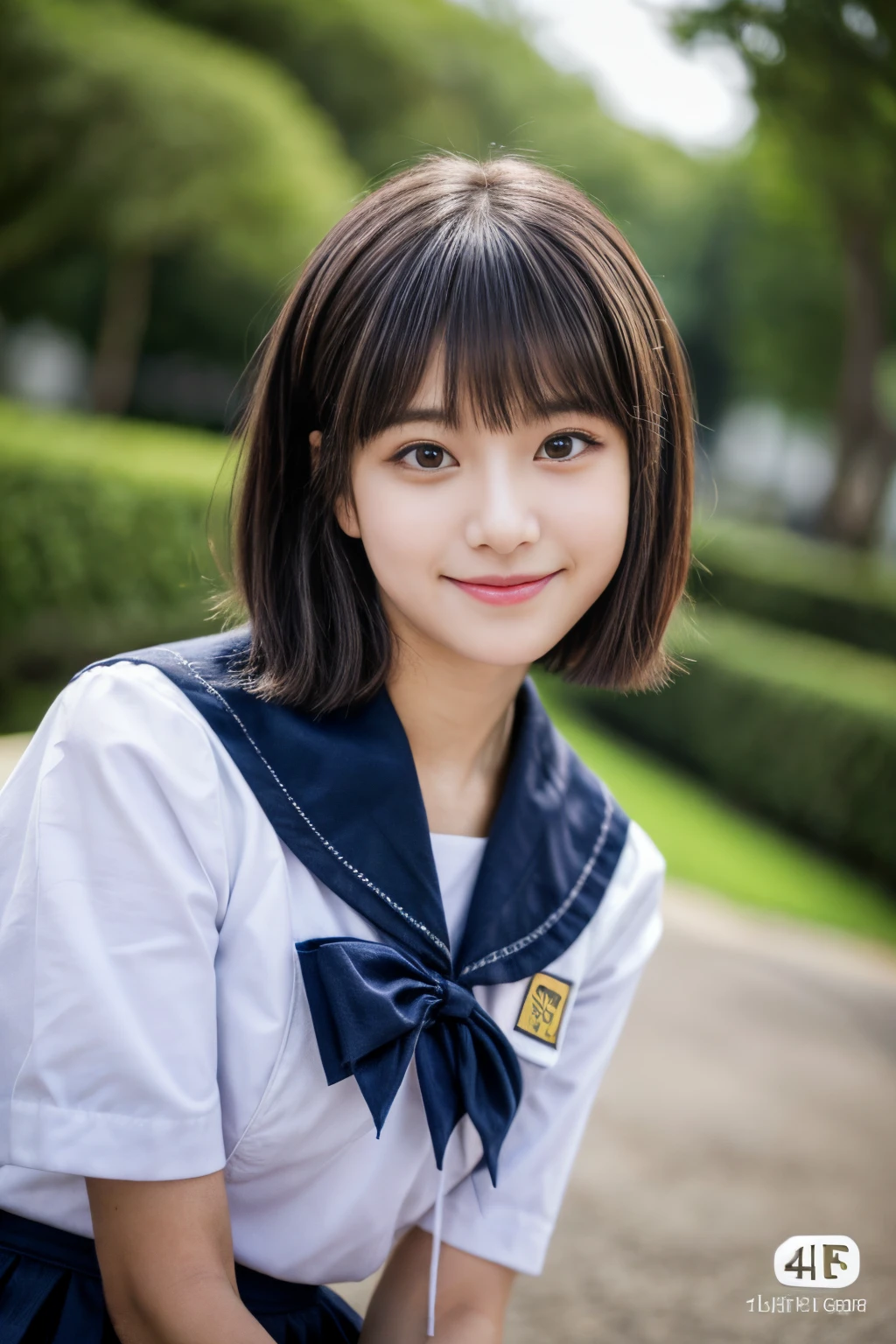 ​masterpiece、4K、top-quality、beautiful japanese female、detail portrayal、1 girl in、18year old、(Idol style super cute face 1.２), (White short-sleeved shirt、Sailor School Uniform、Navy blue pleated skirt)、A dark-haired、slightly longer bob cut、naturey、depth of fields、(Angle from top:1.2)、ssmile,