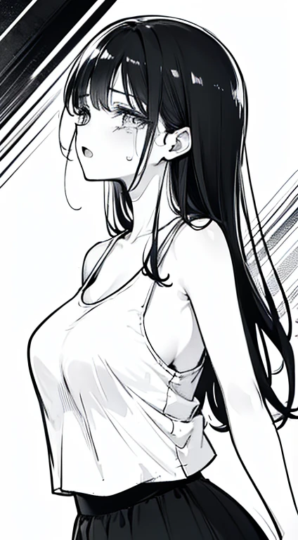 A woman with long black hair, white tank_top, black skirt, black background, crying, sadness, depression, expressionless, open mouth, bust shot, close-up, rough expressive lines, expressive lines, dark lines, dense lines, intense line work, masterpiece, best quality, super fine, extremely delicate and beautiful, black and white manga, black and white line drawing, inspired by dandadan, art style of dandadan, hand-drawn, character focus, extremely fine, looking at the viewer, (from front:1.4)