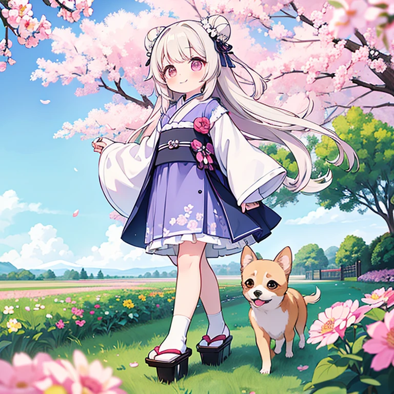 master piece , best quality,wallpaper 8k CG, hyper quality, the best ,1girl,solo,smile,Her two buns are pictured in the center of the image。This top quality Japanese Moe illustration,a clear pale pink blush,A cute little girl is taking a walk with her white Chihuahua dog in a park where the blue sky is beautiful and many flowers are blooming. She is wearing a dress with a floral pattern. The Chihuahua has very beautiful white fur and adorable round big eyes. In Japanese anime style