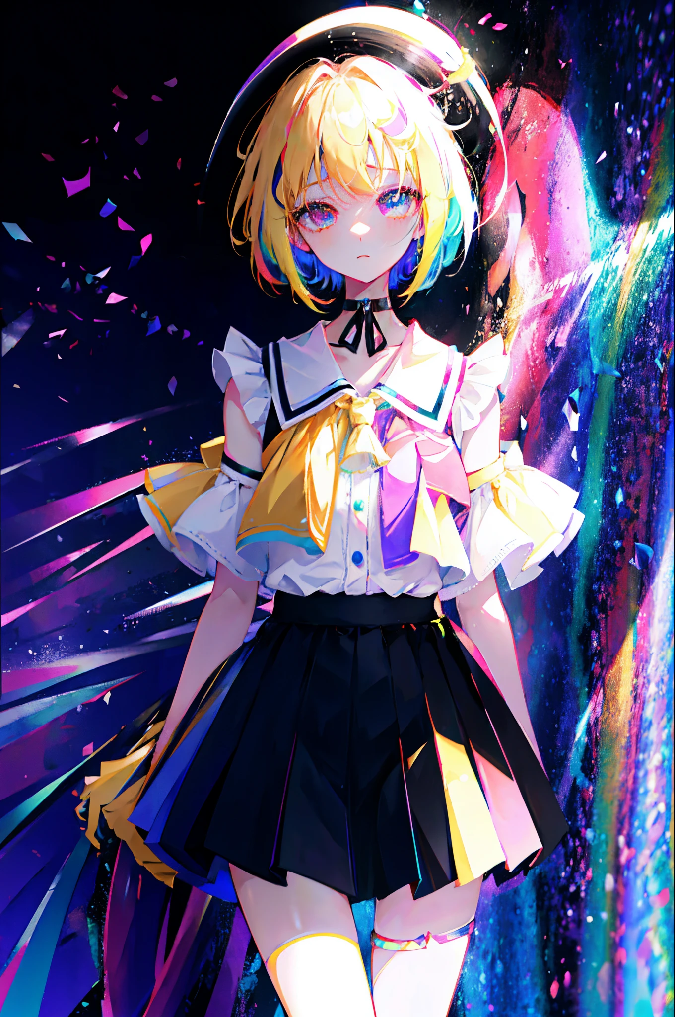 Rainbow on background、Irridescent color、colourfull、top-quality、超A high resolution、(Photorealsitic:1.4)、Female 1 Person、Sleeveless white buttoned shirt、Black skirt、Black Choker、cute little、(Kpop Idle)、(attractiveness:1)、(Platinum Blonde Hair:1)、((Puffy eyes))、Look at the viewer、full body Esbian、Facing the front