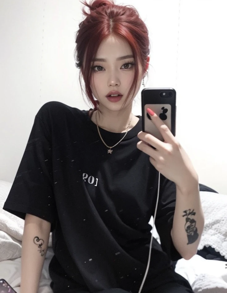 arafed woman with red hair sitting on a bed holding a cell phone, cruel korean goth girl, ulzzang, jossi of blackpink, korean girl, goth girl aesthetic, jinyoung shin, kim doyoung, sun yunjoo, kanliu666, heonhwa choe, wan adorable korean face, goth aesthetic, 19-year-old girl