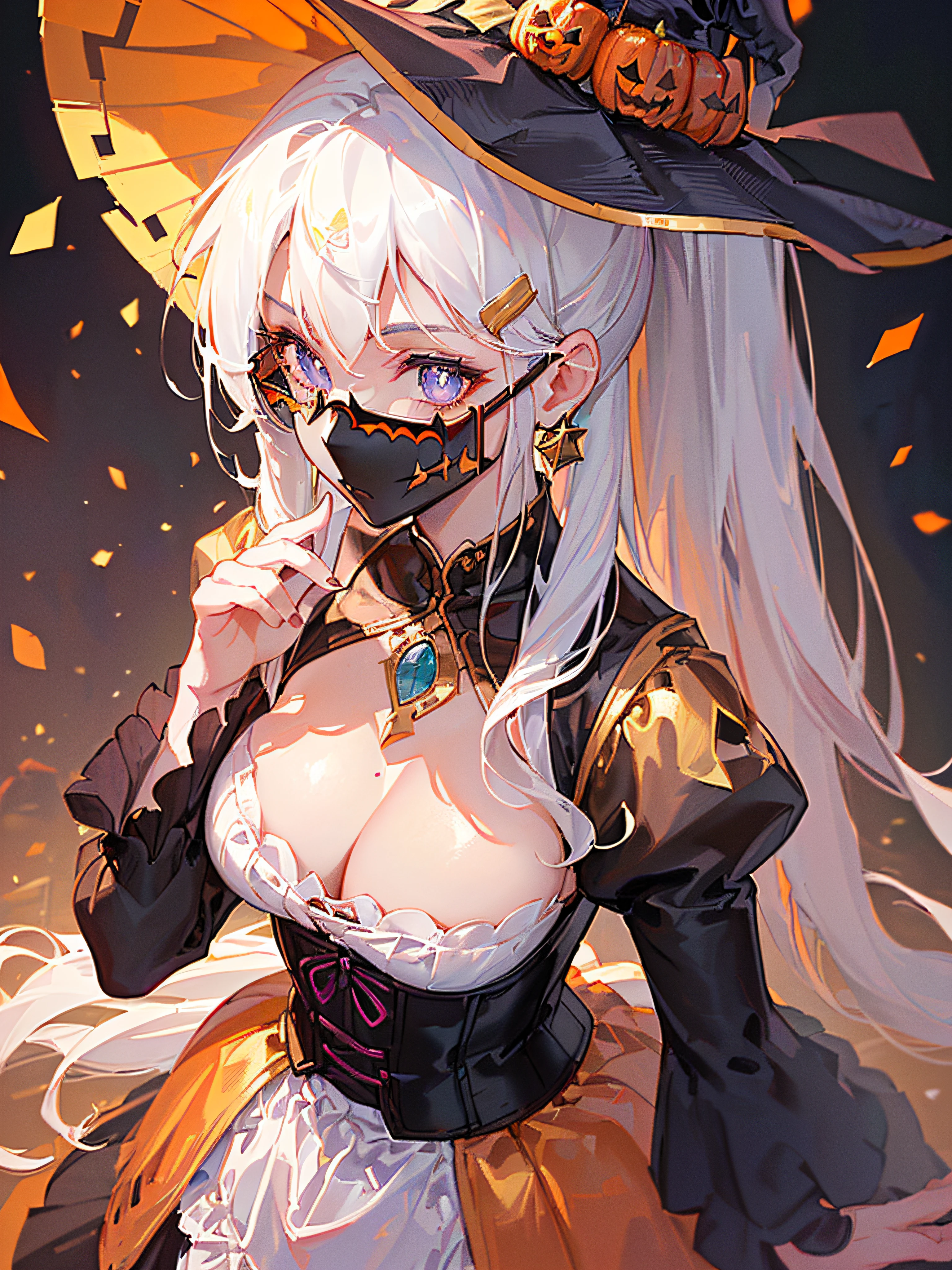 ((((holloween theme,meticulous portrayal of face，1 noblewoman，a matural female，))))(Black dress long dress，)(dark night background+,perfect background)，Prom，Court etiquette，  s the perfect face， Perfect lips， perfect  eyes,)(((theater gothic dress,long sleeves,white hair,puff sleeves,corset,large breasts)))，((1lady,adorable korean mixed race of Saudi Arabia girl，rosto magro，Solo,))(Masterpiece,Best quality, offcial art, Beautiful and aesthetic:1.2),((超高分辨率,Golden ratio,)) (16k),((theater mask,round eyewear,melon face，from above，1JK,pumpkin,pumpkin light,big purple witch hat)),(Physically-based rendering),Amazing,Sharp focus, (((highdetailskin,))),Intricately detailed clothing，Burgundy pupils,Hexagram pupils,intricate pupils,((((detailed hair|long hair|long bangs|ponytail)))),((Slender,))(masterpiece sidelighting),(The sheen),(beautiful hair,beautiful eyes,）[[Delicate fingers and hands:0.55]::0.85],(Detail fingers),(((Superior quality)))),((unbelievable Ridiculous,)),((extremely_Detailed_Eyes_and_face)),Movie girl,(Dynamic configuration: 1.2),Brilliant,Beautiful woman, (Photorealistic),( maple,), mitts, star earrings, ((hairclip)), Light particles, view the viewer,  petals, Side Rock,, two-sided fabric