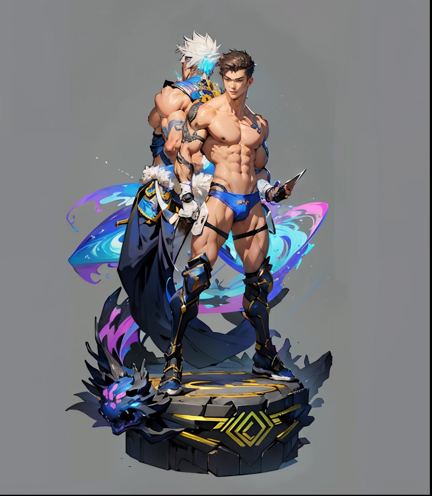 Sculpture design，人物，GK model，male people，（The whole body of the character），Expose muscles，（sexy for），（Exquisite base），The colors are bright，Lots of colors，Handsome cybernetics boy looking at camera lingerie detailed muscular reality masterpiece，Muscular，The back of the character