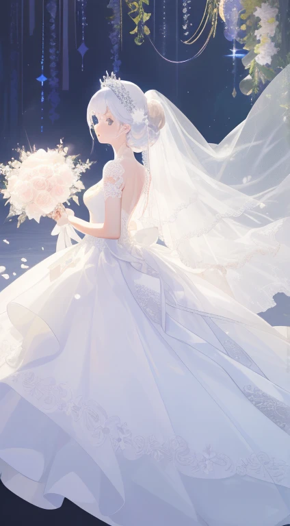 (top-quality、hight resolution、masterpiece)、There is a wedding dress with lights on the mannequin stand、A dream world where a beautiful woman wears that dress、((Fantastical))、 translucent dress, white royal dress, Elegant white dress, fantasy dress, Elegant dress, magical dress, romantic dress, intricate fantasy dress, complex white dress, Wearing a beautiful white, lady dress with glowing flowers, ethereal and dreamy, dream style, White Dress, embroidery, Backlight、amazing splash、Luminous、