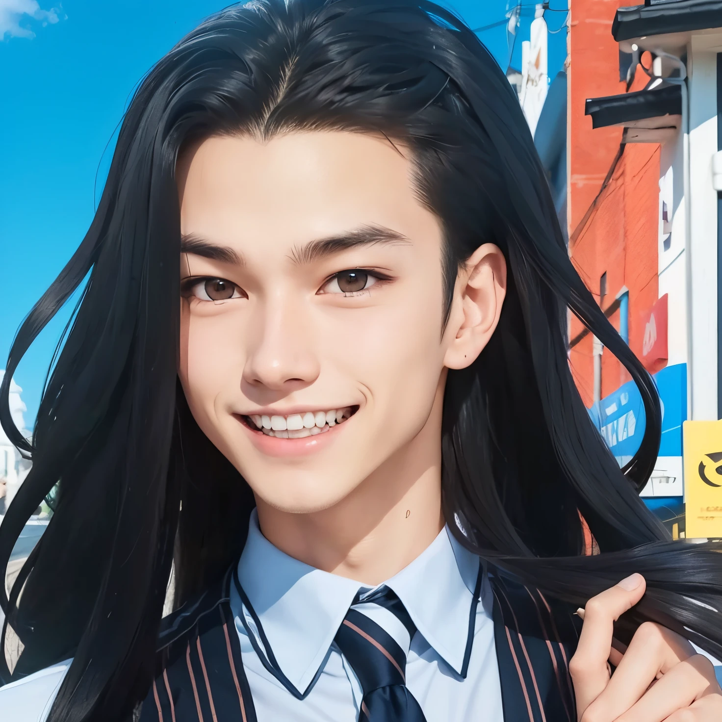 A age boy with realistic long black hair, the same realistic hairstyle, realistic handsome face, realistic smiling expression, realistic canine teeth, adapt realistic clothing, realistic light, realistic shadows, realistic background