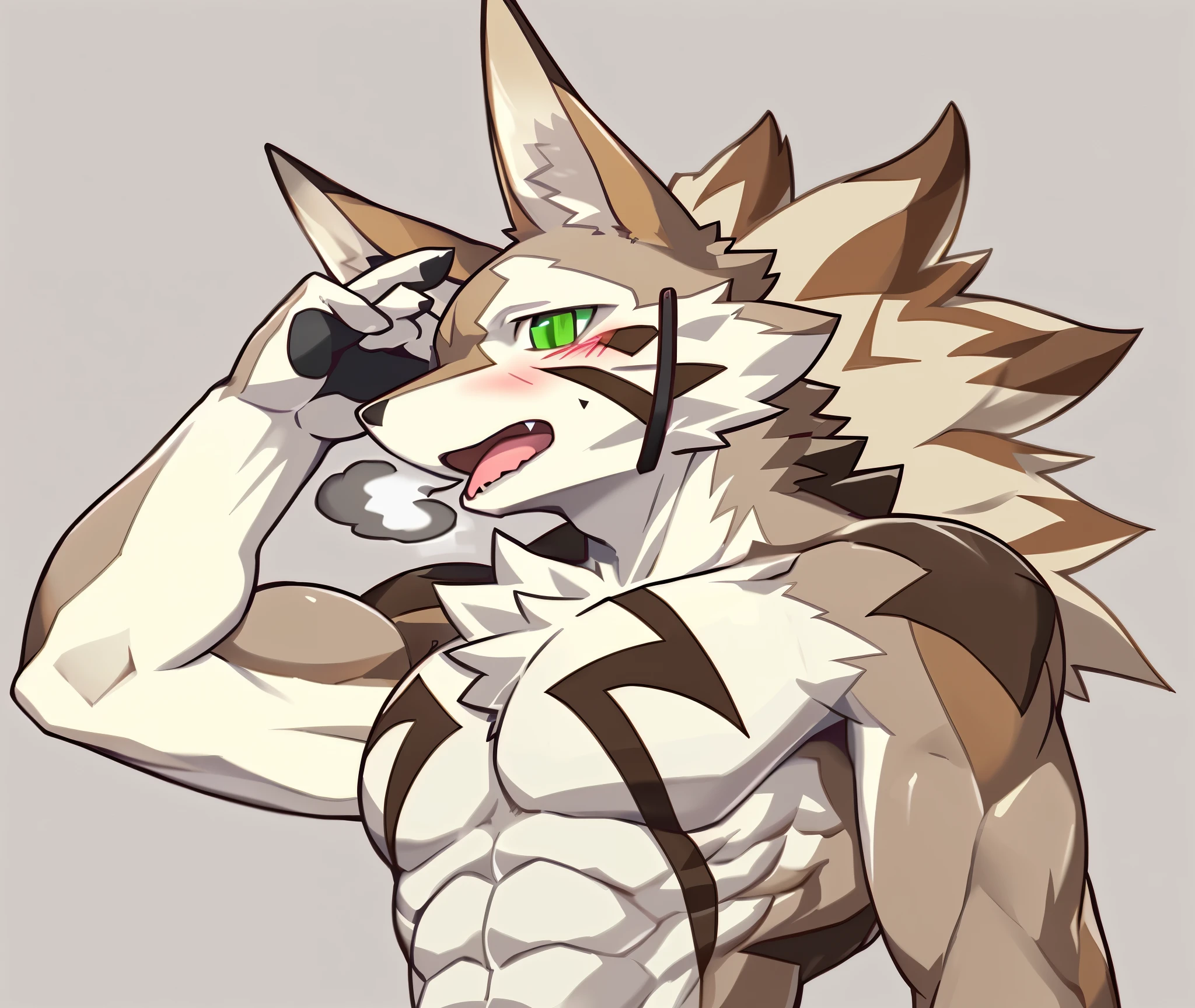 Seto (Tokyo After-School Summoners), Seto(Wandering Longing), Seth (it), Seto, Kazuma Koda, coyote, Green Eye, Grey Body, white body, Brown Body, stripes, Striped body, naked body, Muscular men, NSFW Works, pixiv[R-18], It's very obvious, Muscular, Very muscular, Abdominal muscles, Arm muscles, Sharp contours, shadowy, blush, Panting, Breath