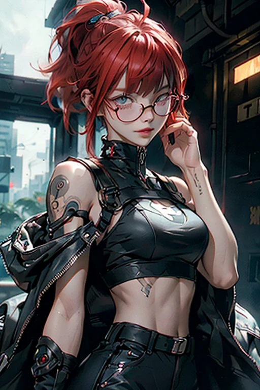 1nerdy girl with glasses, 28yo, Pia bangs hairstyle, (fringe cut bangs hairstyle), (The forehead is hidden by bangs), (((red hair))), ((boyish)), ((pony tail)), asymmetrical hair, (((black-rimmed round glasses))), ((beautifully detailed face)), long eyelashes, (Beautiful detailed eyes), (sharp eyes), Bright pupils, (Blue eyes), Fine eye makeup, (evil Smile), ((black frame glasses)), cyberpunk style, long black open jacket, street fashion, sport pants, (Solo), (Suggestive Pose), (cinematic angle), Full Body Shot, perfect anatomy, slender, small bust, cleavage, abs, (thin waist), muscular body, collarbone, (high detailed skin), ((top-quality)), ((High Definition)), ((beautiful detailed)), high quality shadow, Rule of thirds, mostly cloudy sky, ((official art)), anatomically correct, (((Best Quality))), (((masterpiece))), (((Super Detail)))