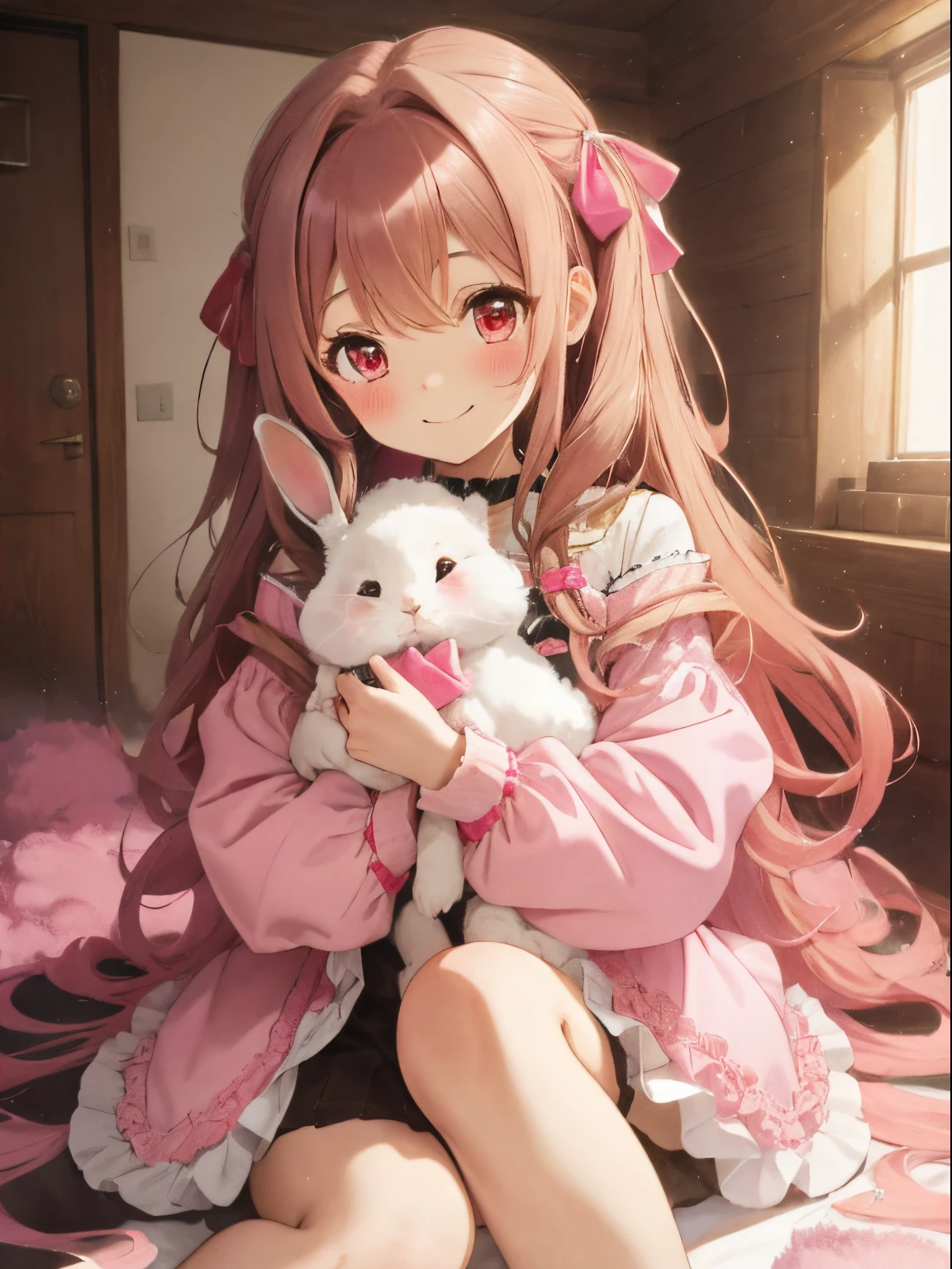 A room with lots of pink fluffy things,fluffy voluminous hair,lightbrown hair,hair band with big ribbon,fluffy and warm clothes,winter clothes with loose sleeves,girl sitting holding a rabbit,Slight red tide,Smiling kindly,